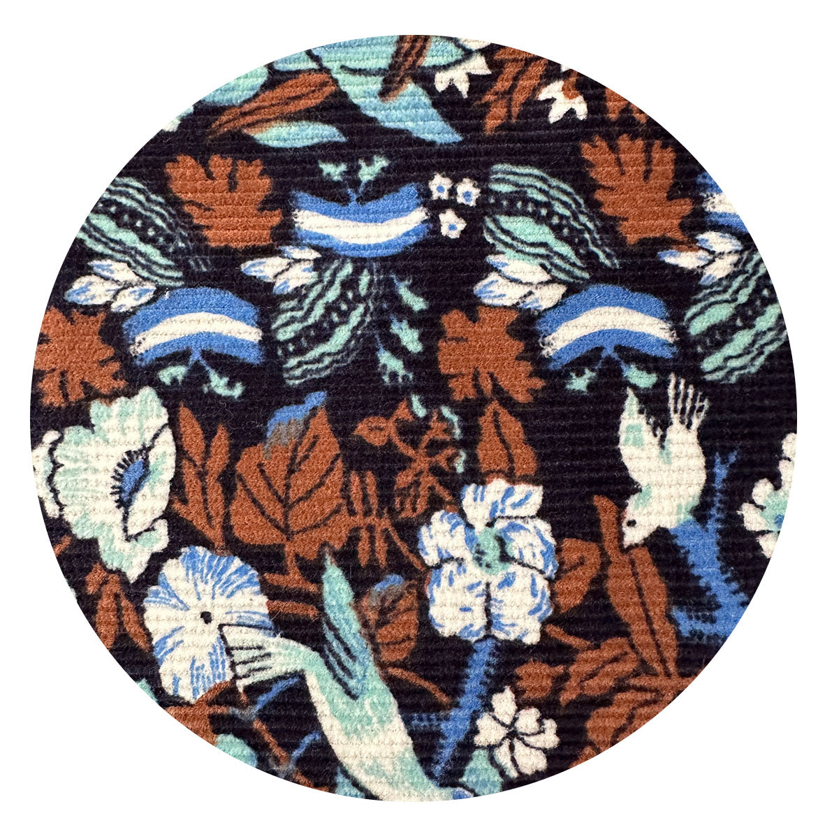 180cms Navy Cord Fabric Birds & Flowers