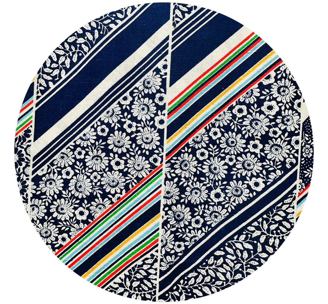 160cms Vintage Blue Stripes & Floral Fabric Cotton