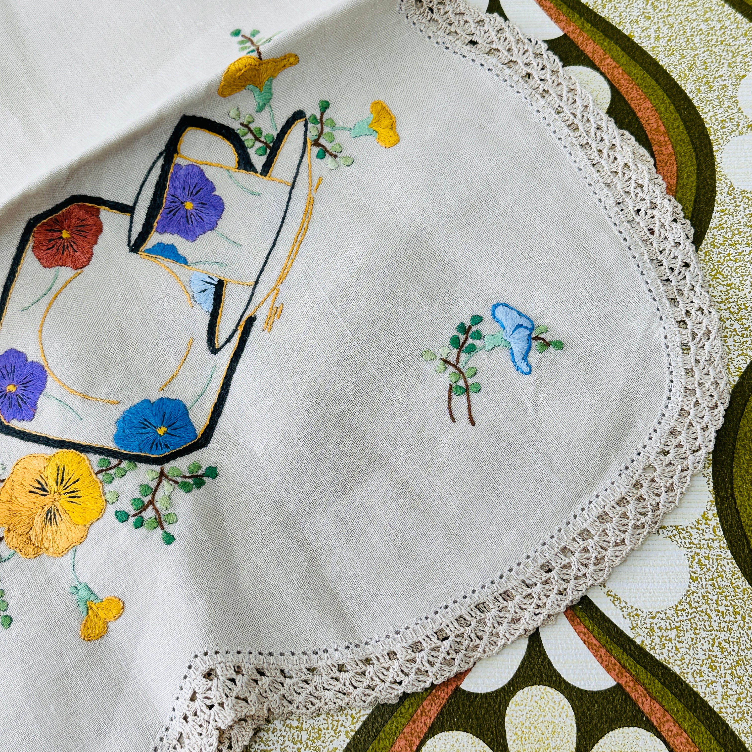 Vintage Linen Tablecloth Lace Embroidery Stunning