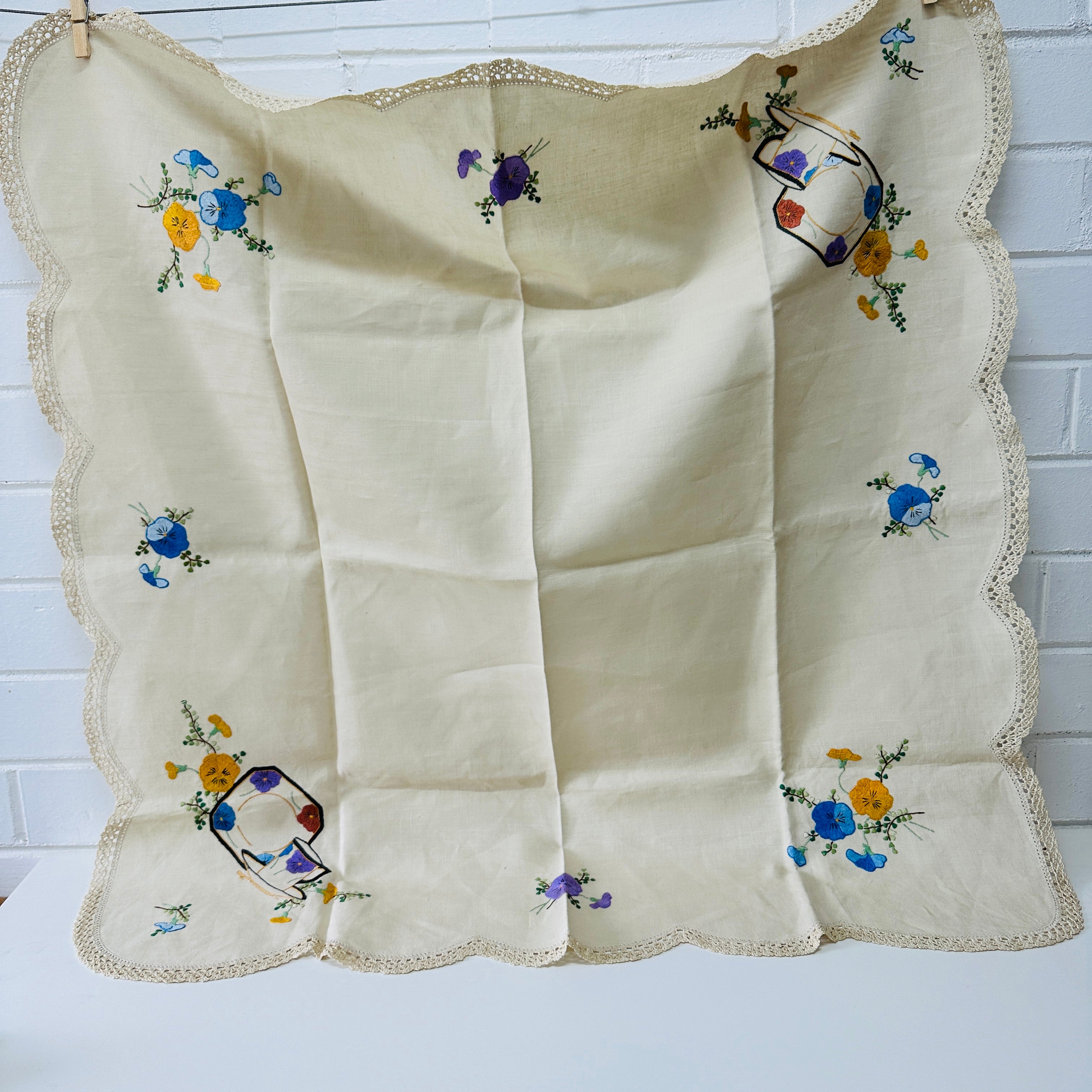 Vintage Linen Tablecloth Lace Embroidery Stunning