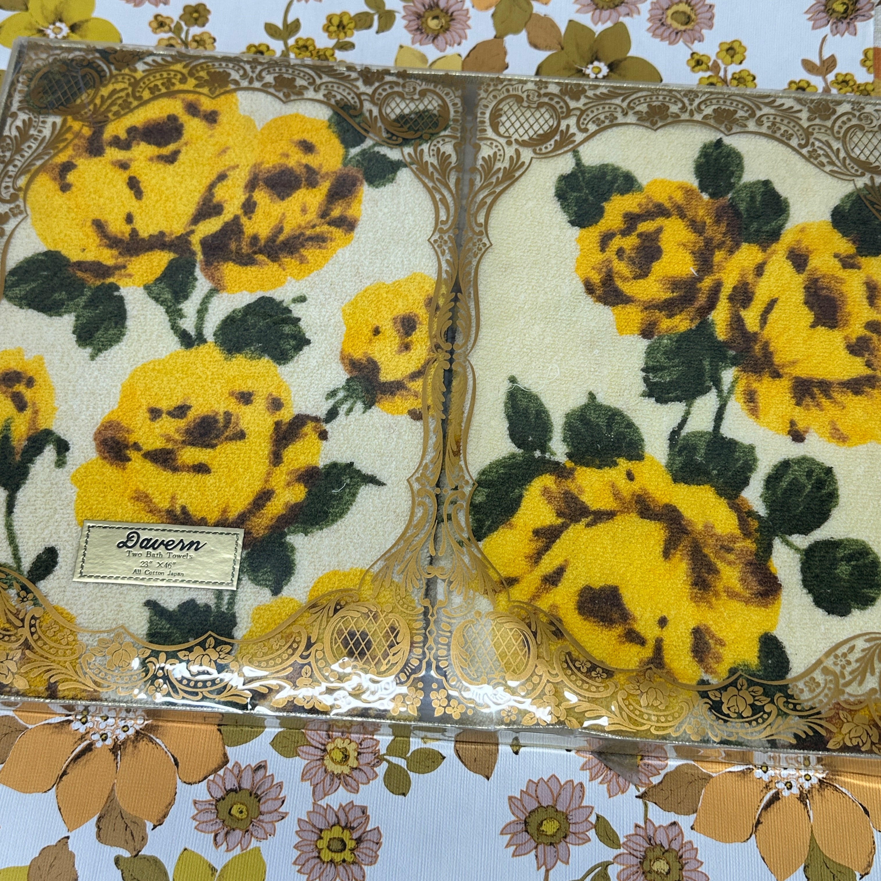 UNUSED Retro Cotton Bath Towels PAIR Floral JAPAN