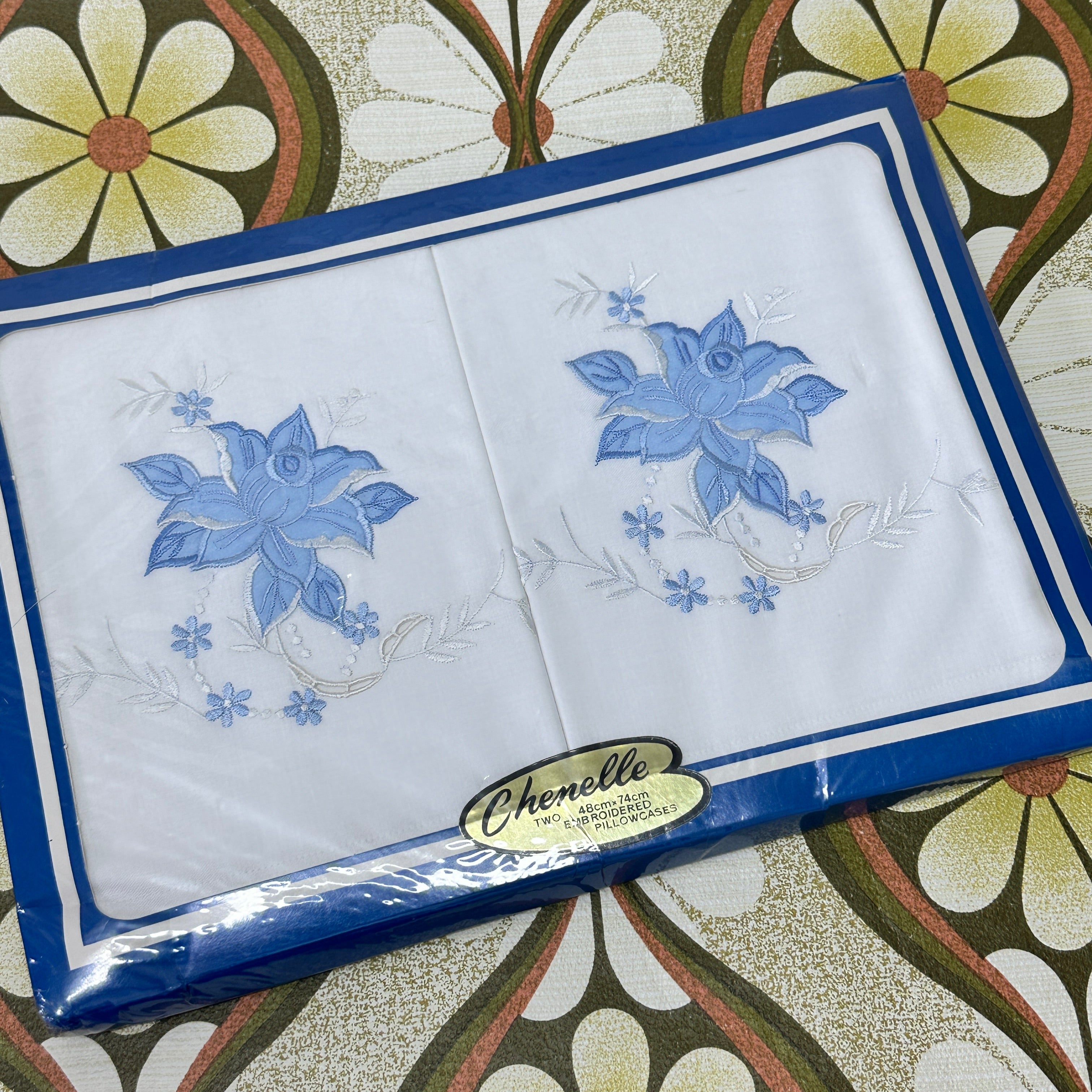 TWO Boxed Embroidered Chenille Pillow Cases