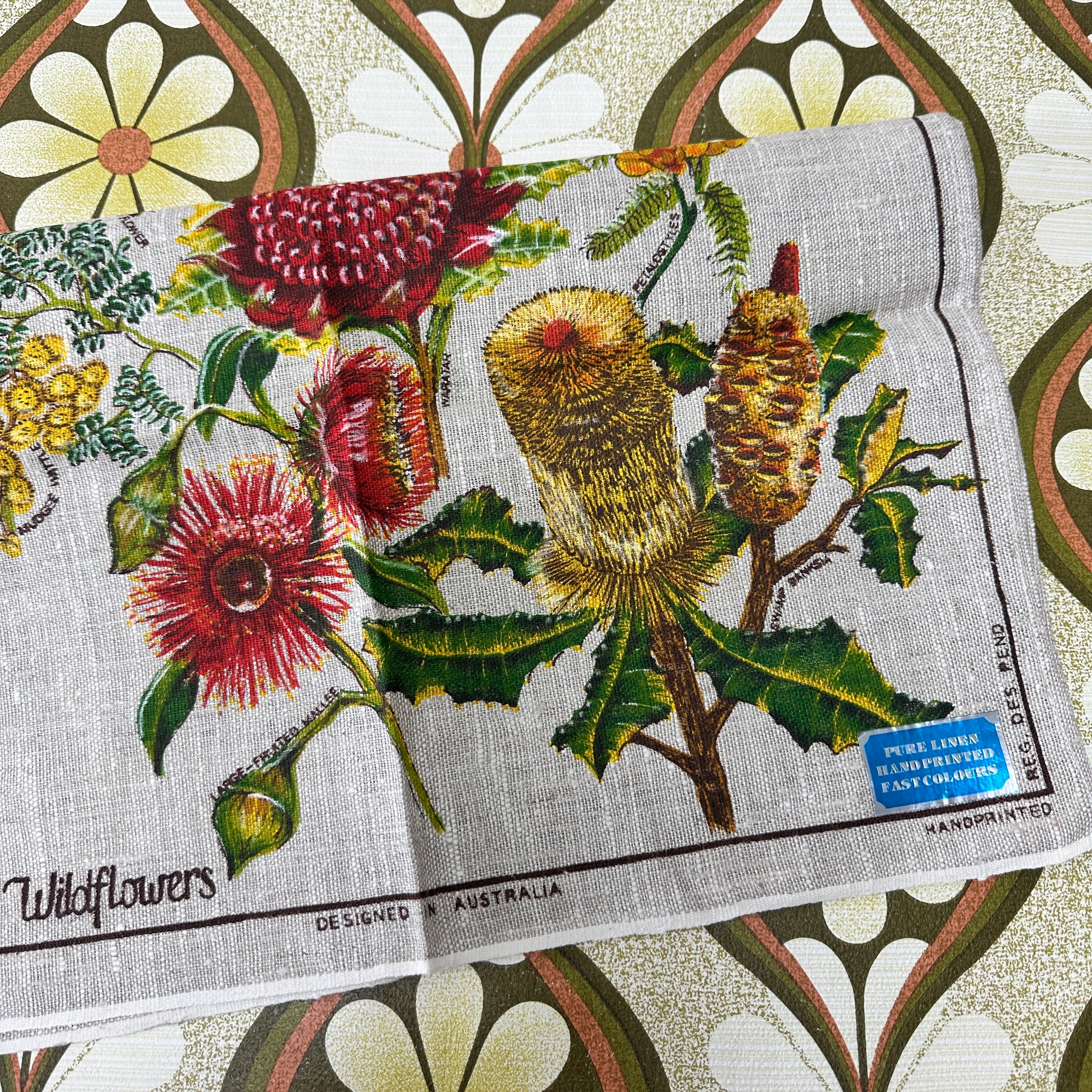 Vintage UNUSED Linen Tea Towel Australian Wildflowers