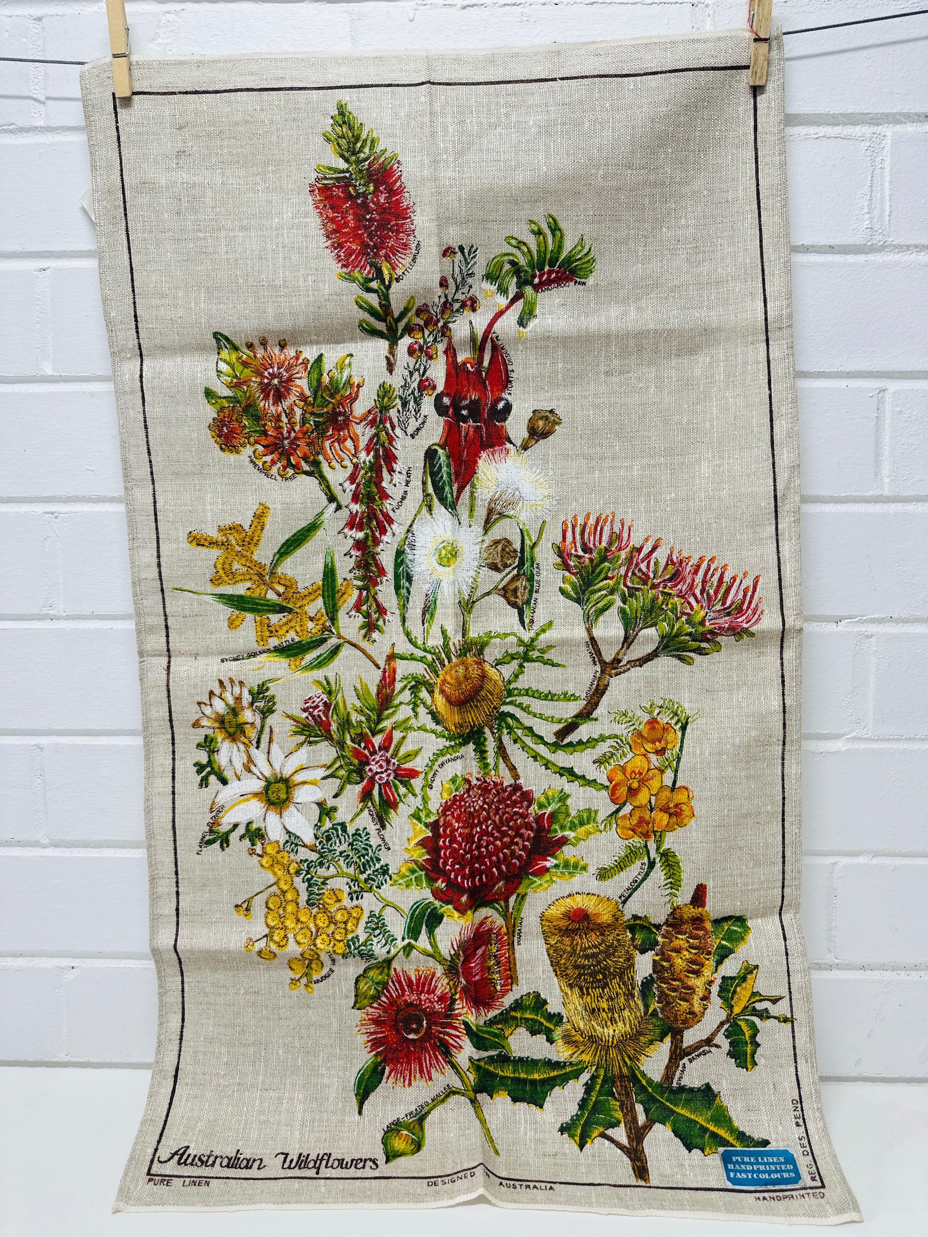 Vintage UNUSED Linen Tea Towel Australian Wildflowers