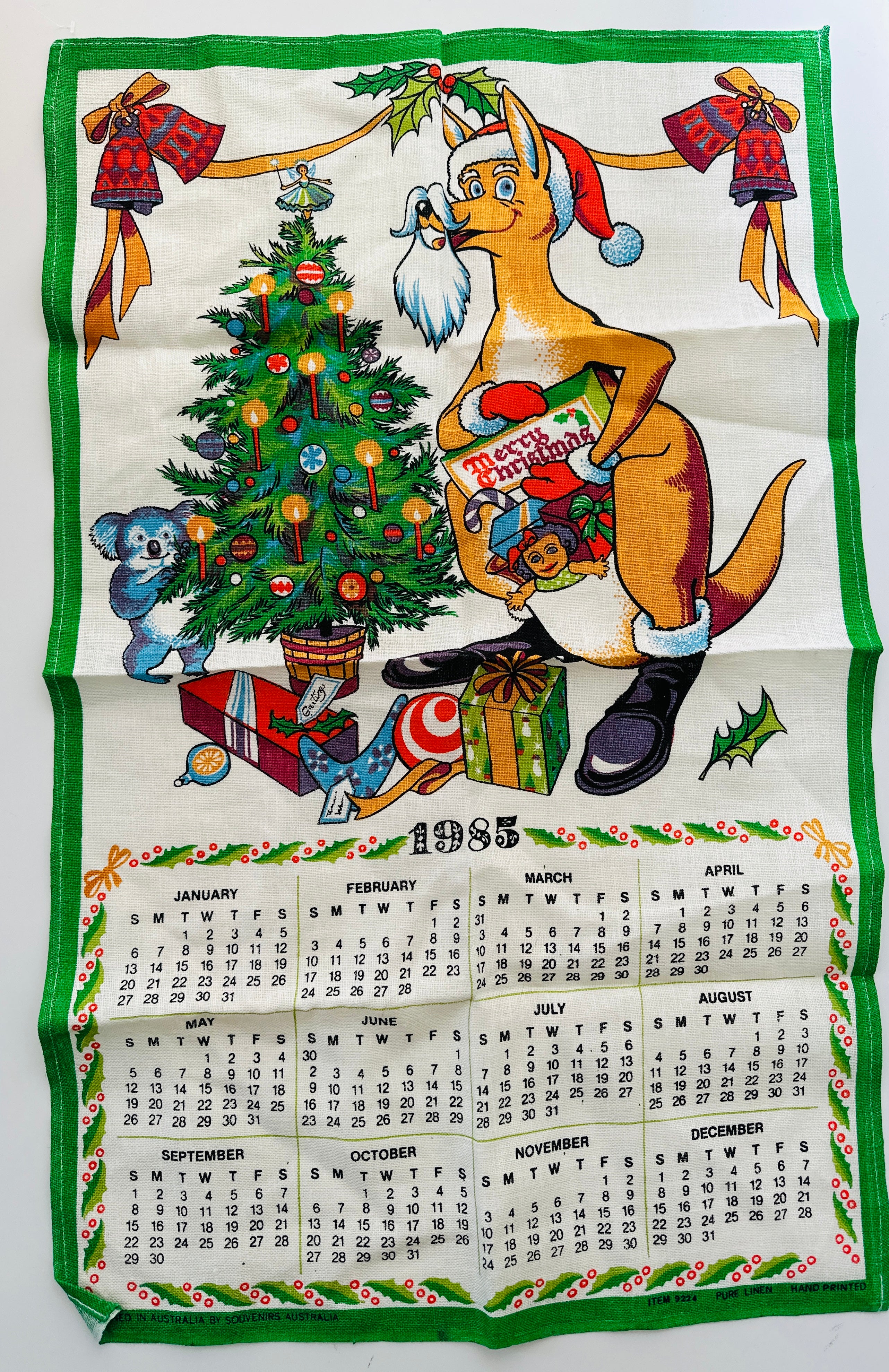 UNUSED Pure Linen Hand Printed XMAS 1985 Tea Towel