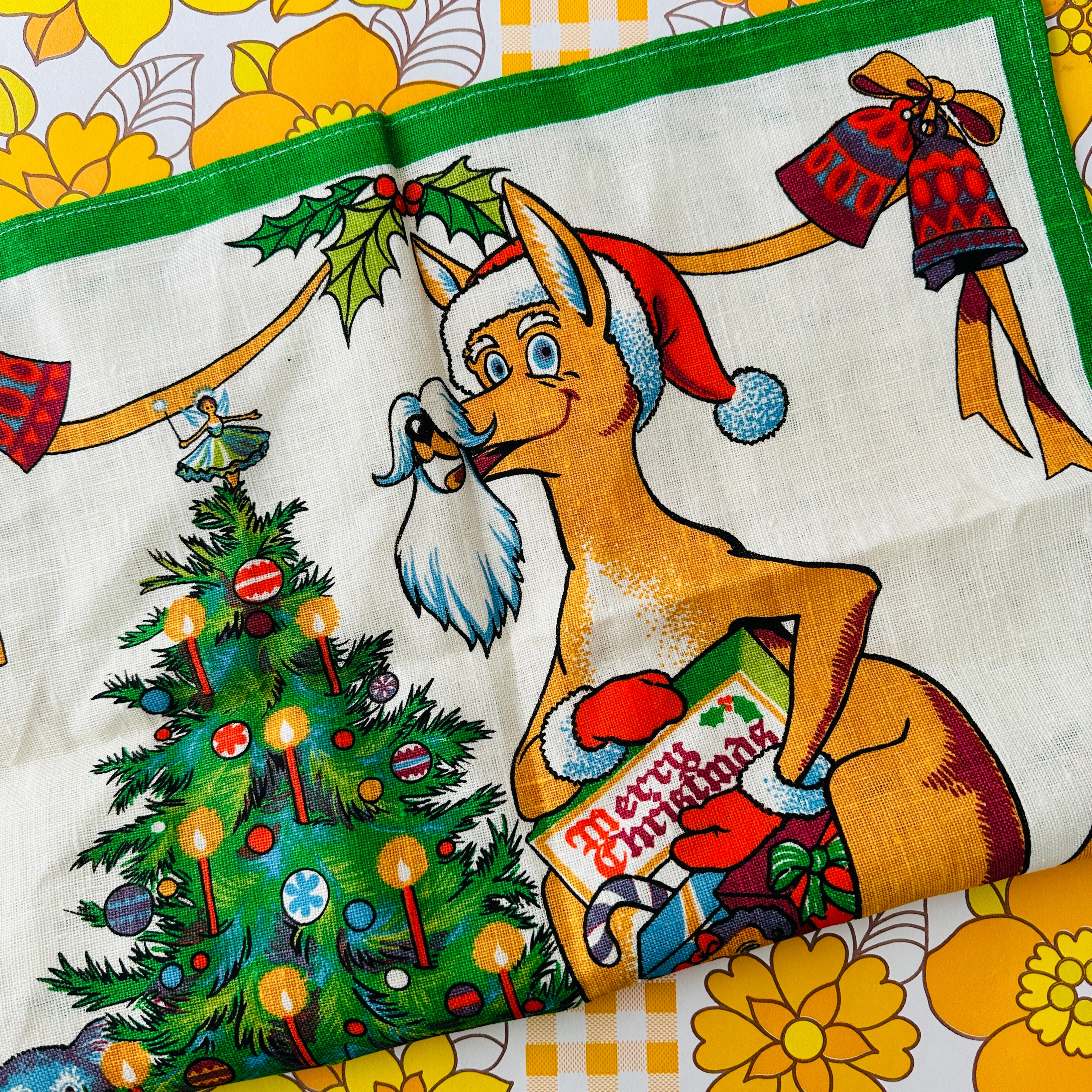 UNUSED Pure Linen Hand Printed XMAS 1985 Tea Towel