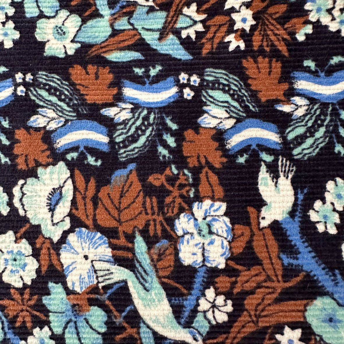 180cms Navy Cord Fabric Birds & Flowers