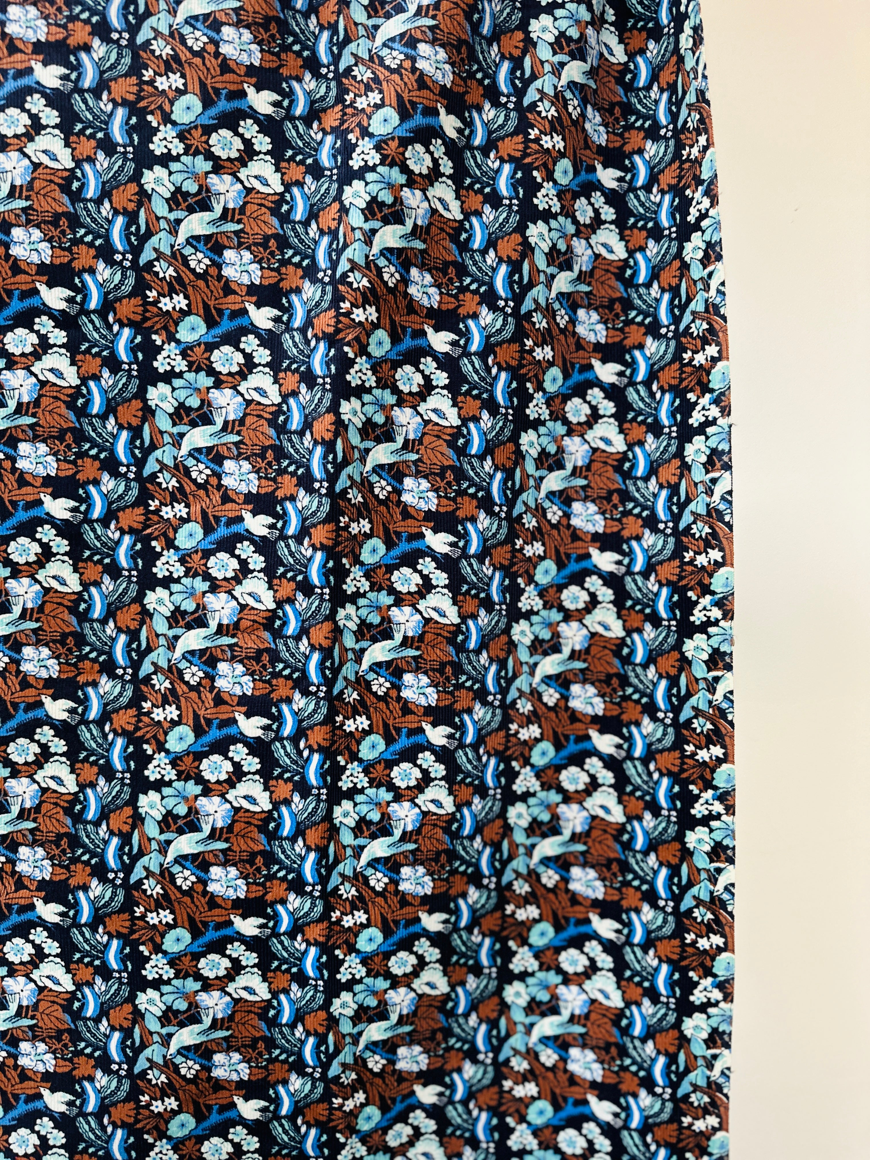 180cms Navy Cord Fabric Birds & Flowers