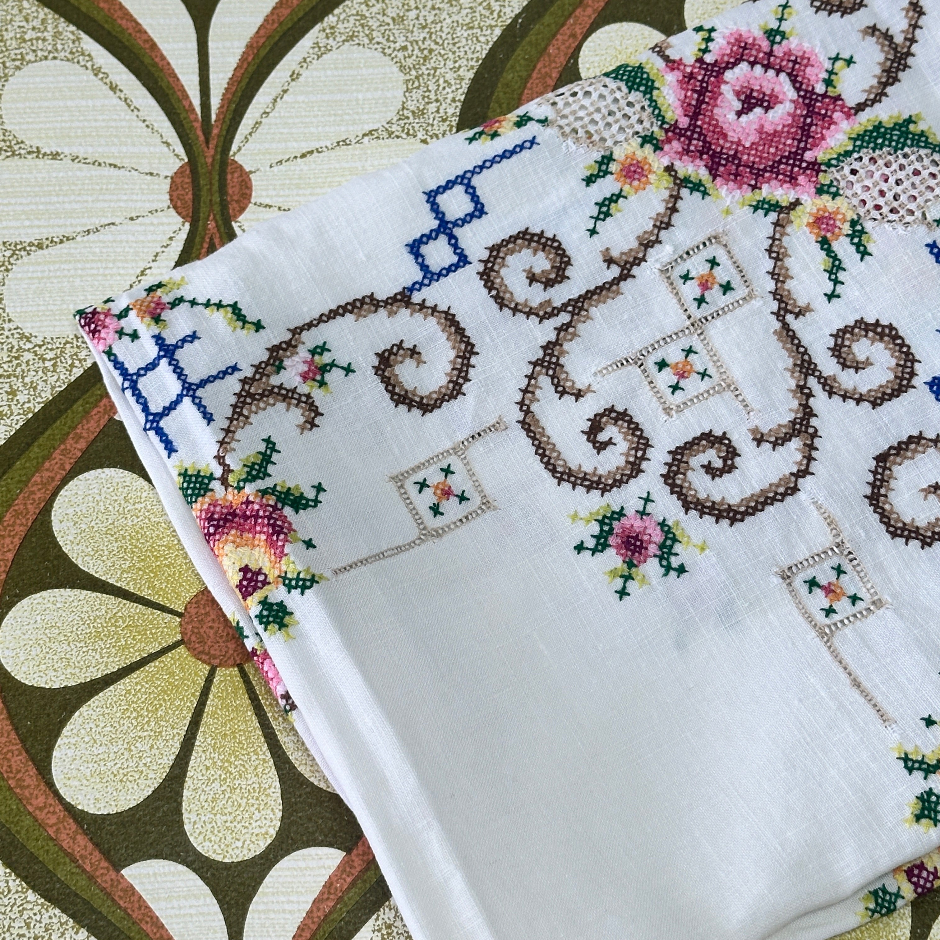 Vintage Linen Embroidered Tablecloth