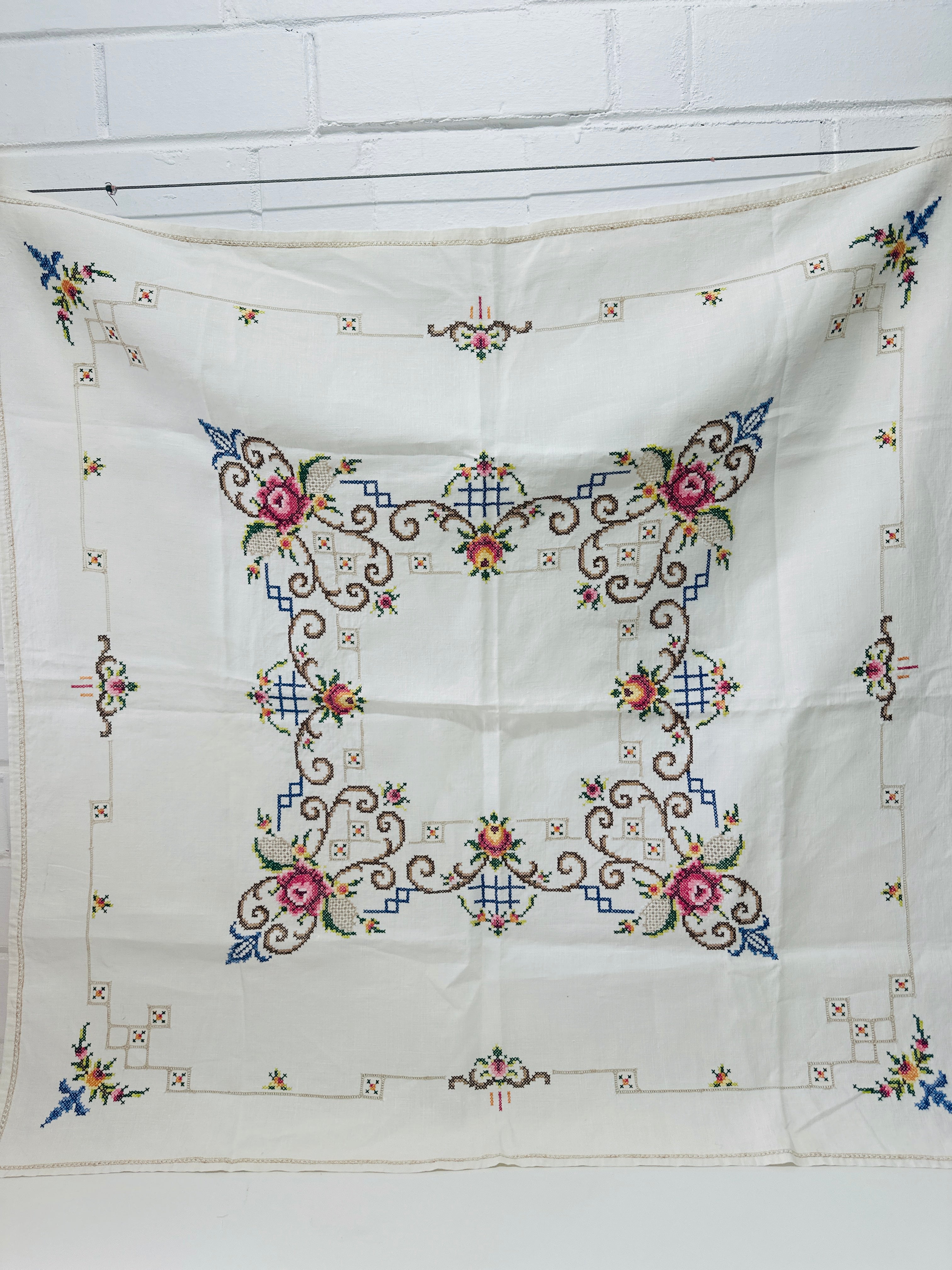 Vintage Linen Embroidered Tablecloth