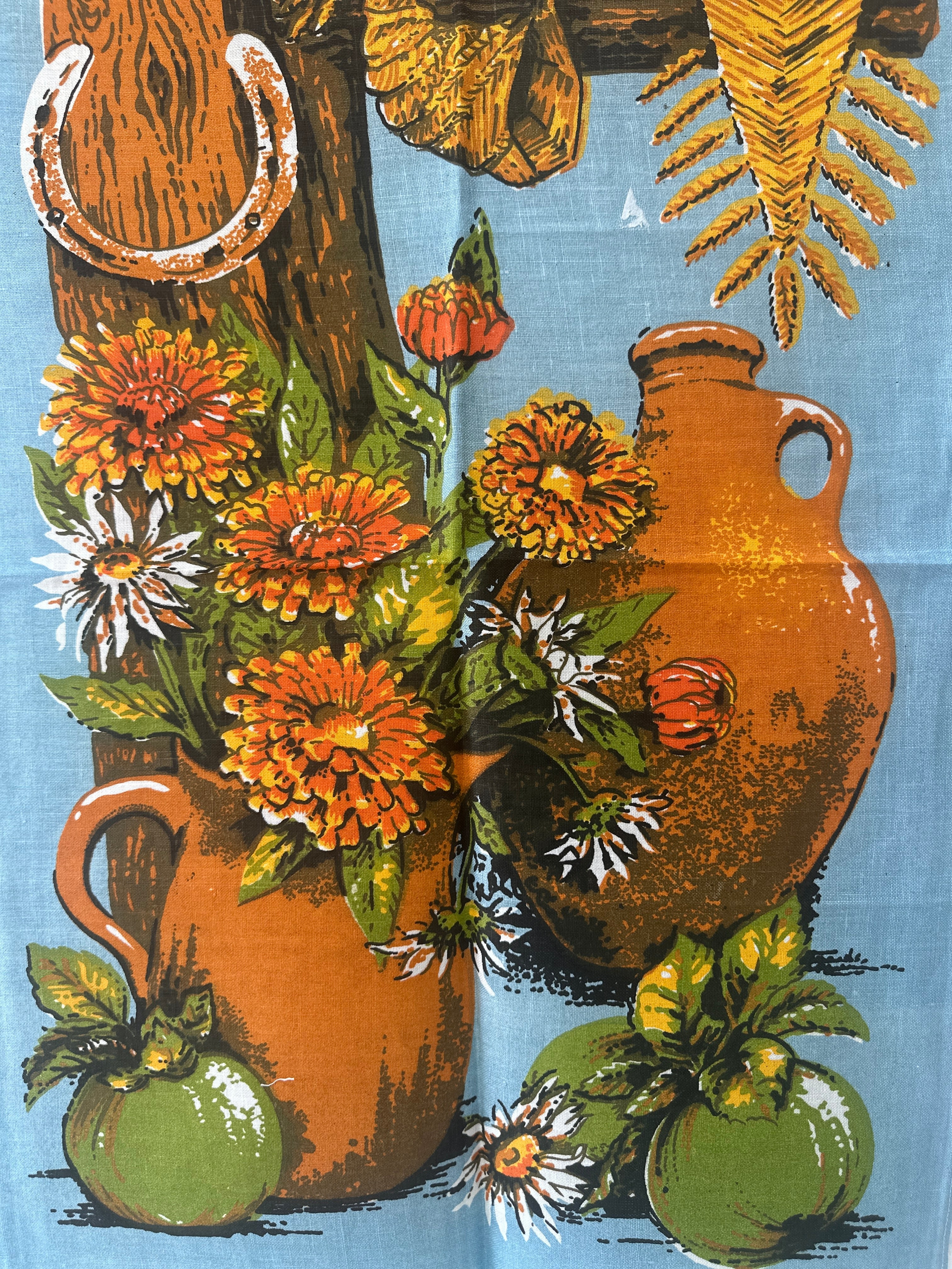 VINTAGE Floral Blue Tea Towel UNUSED
