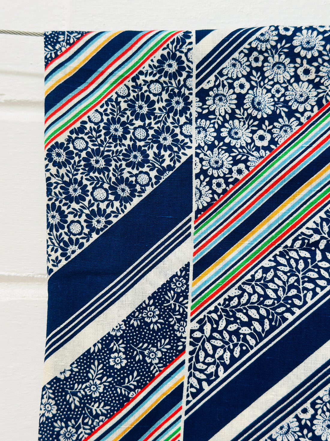 160cms Vintage Blue Stripes & Floral Fabric Cotton