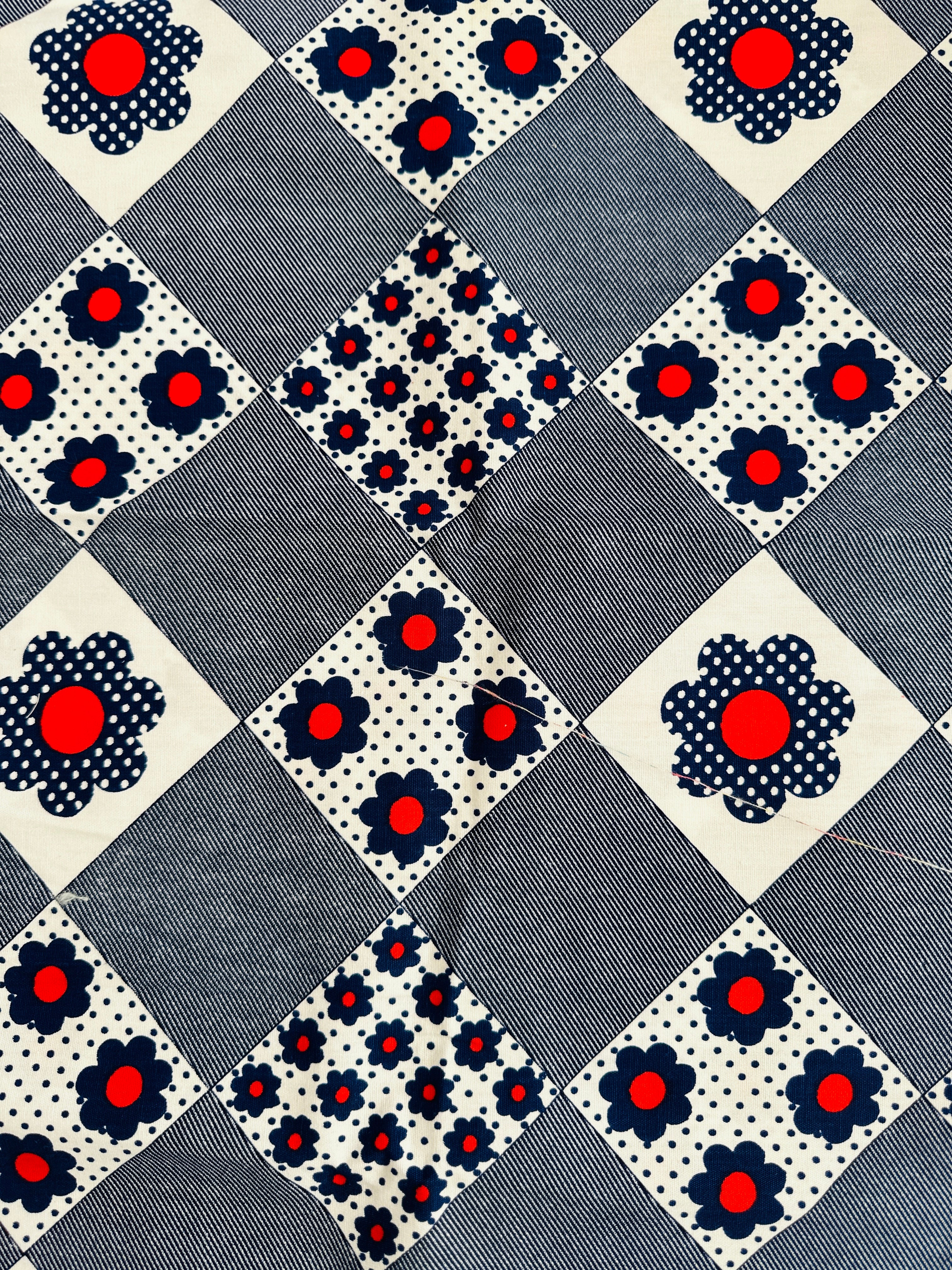 Navy Blue & Red Floral VINTAGE Fabric Cotton