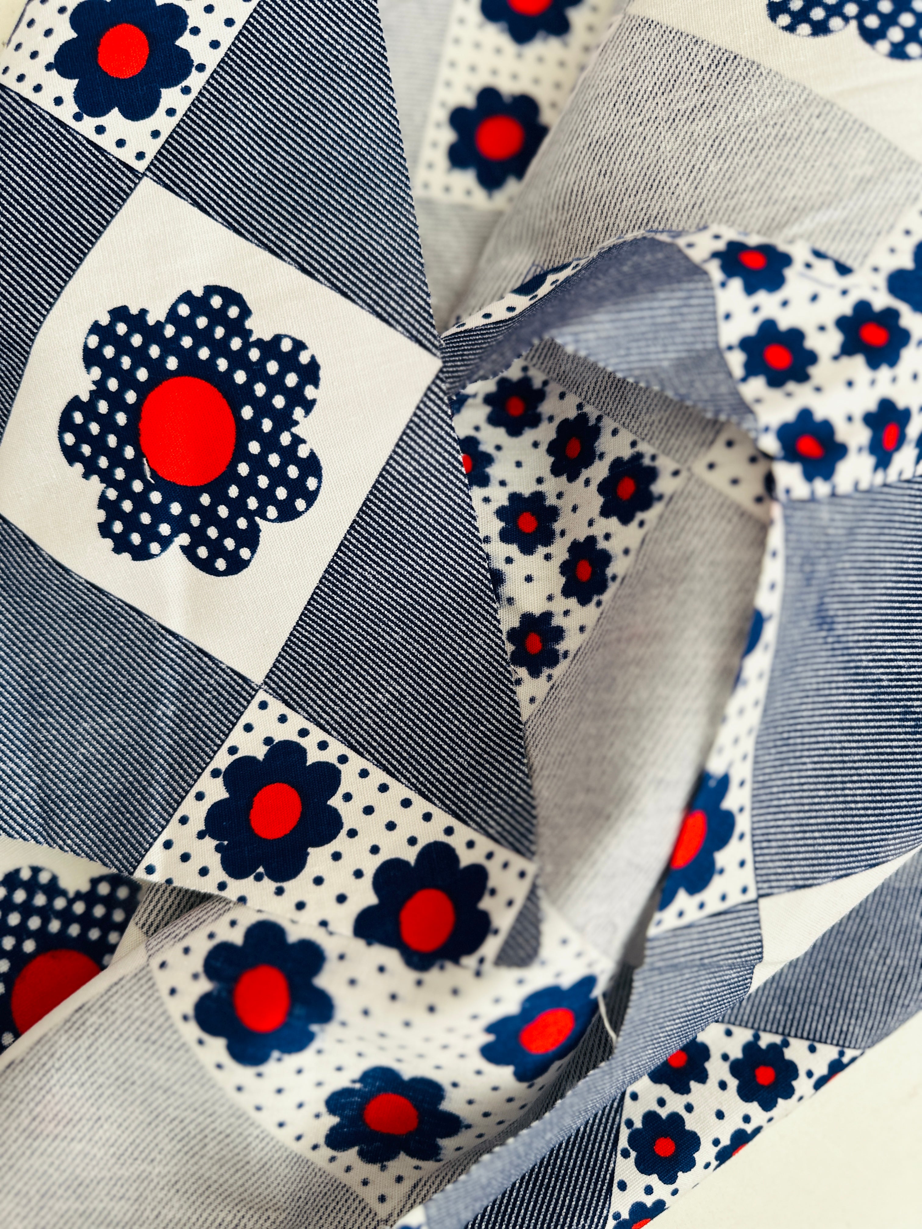 Navy Blue & Red Floral VINTAGE Fabric Cotton