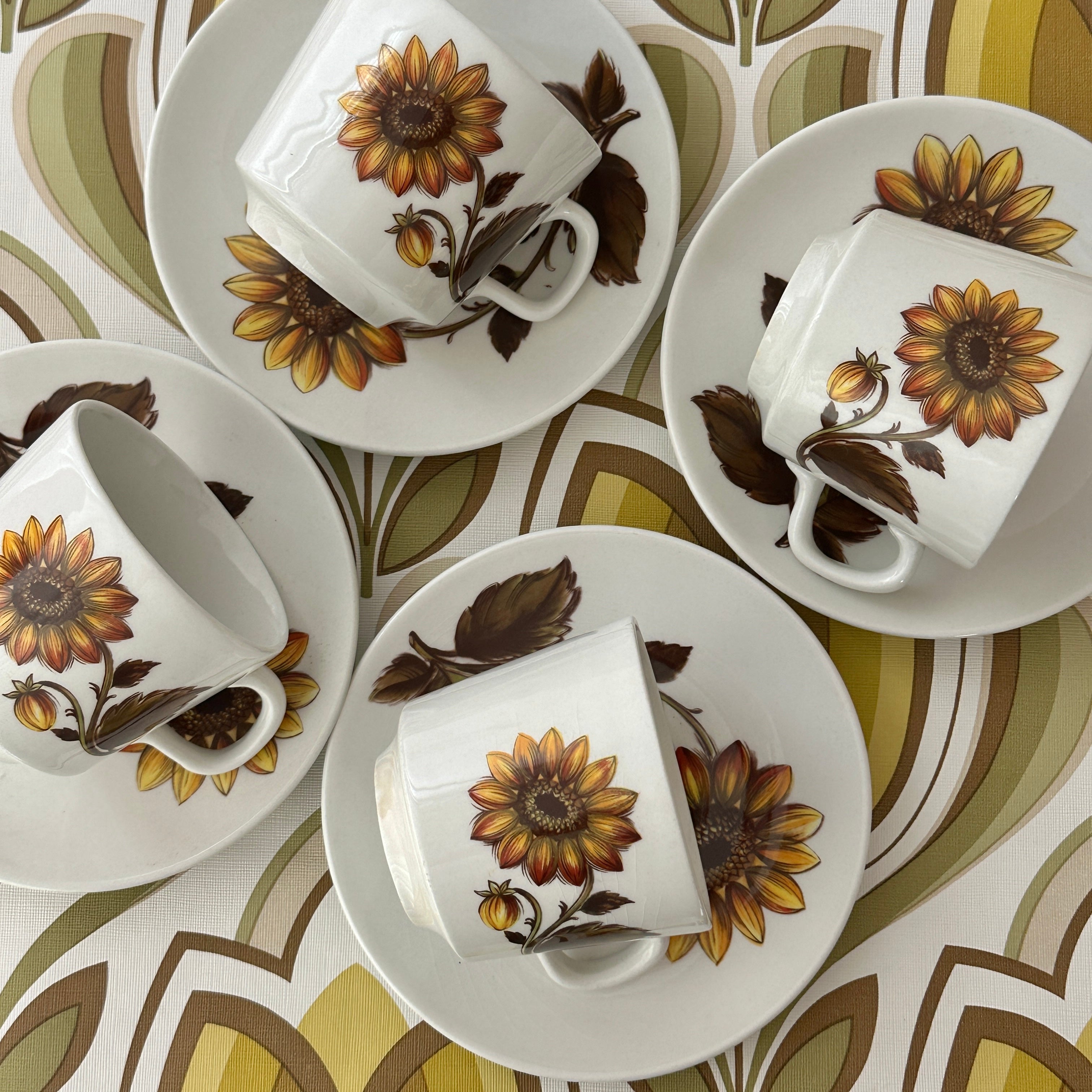 Retro Brown Floral SET of Cups & Saucers