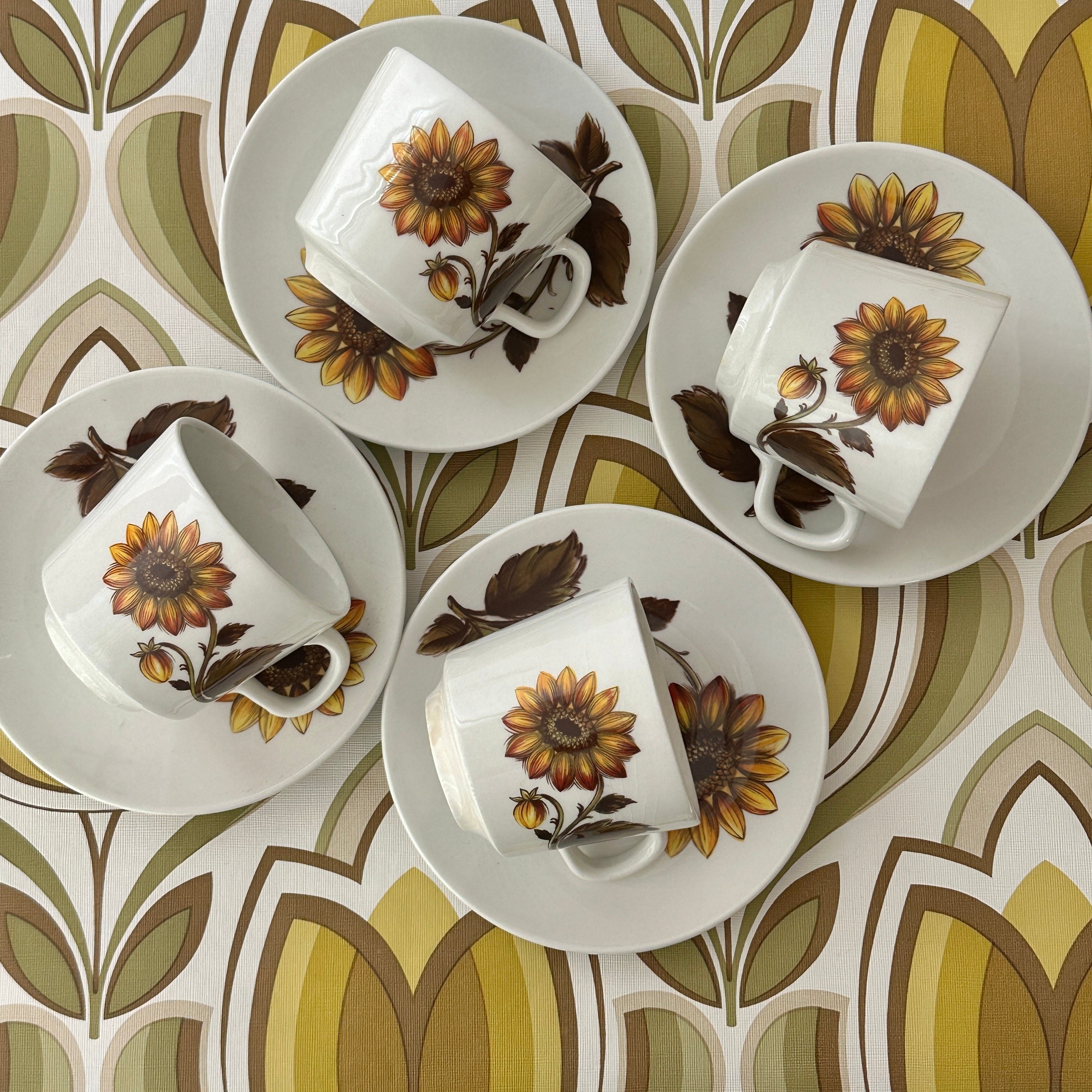 Retro Brown Floral SET of Cups & Saucers
