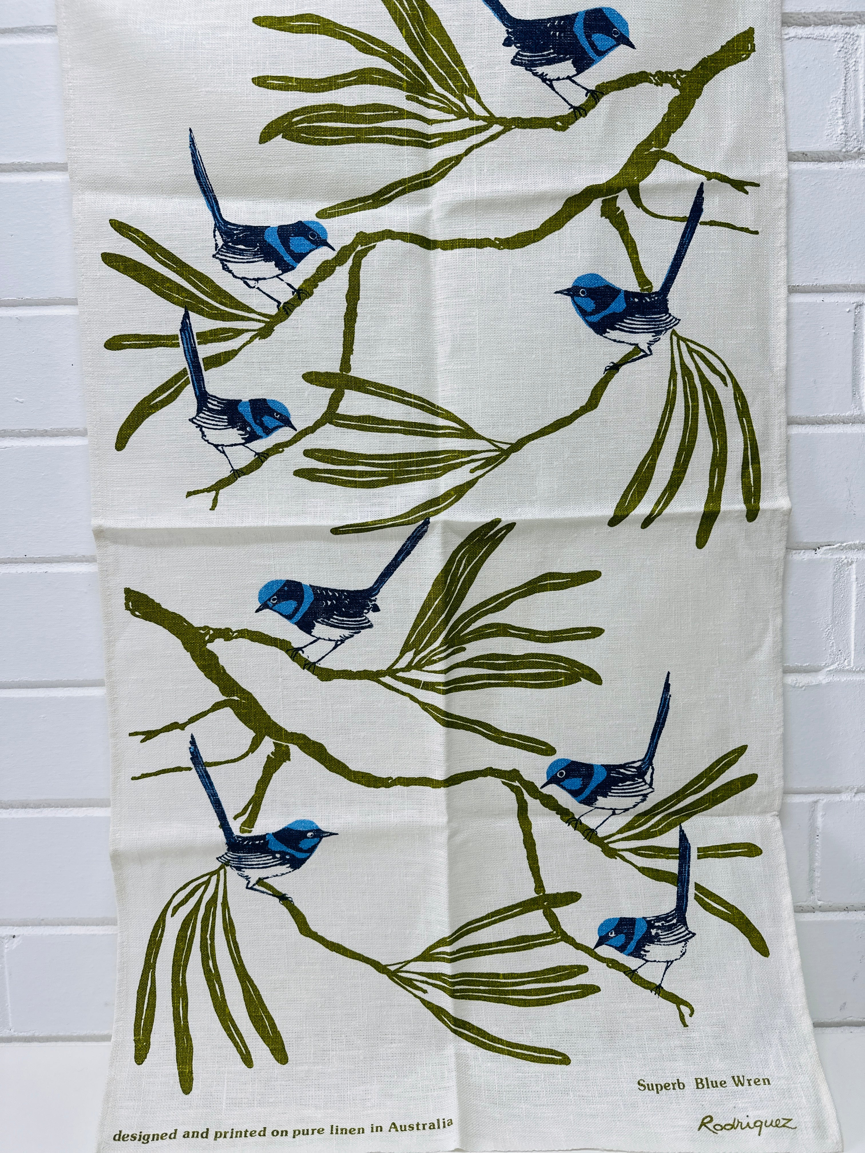 UNUSED Rodriguez Tea Towel People Pure Linen Australian Blue Wren