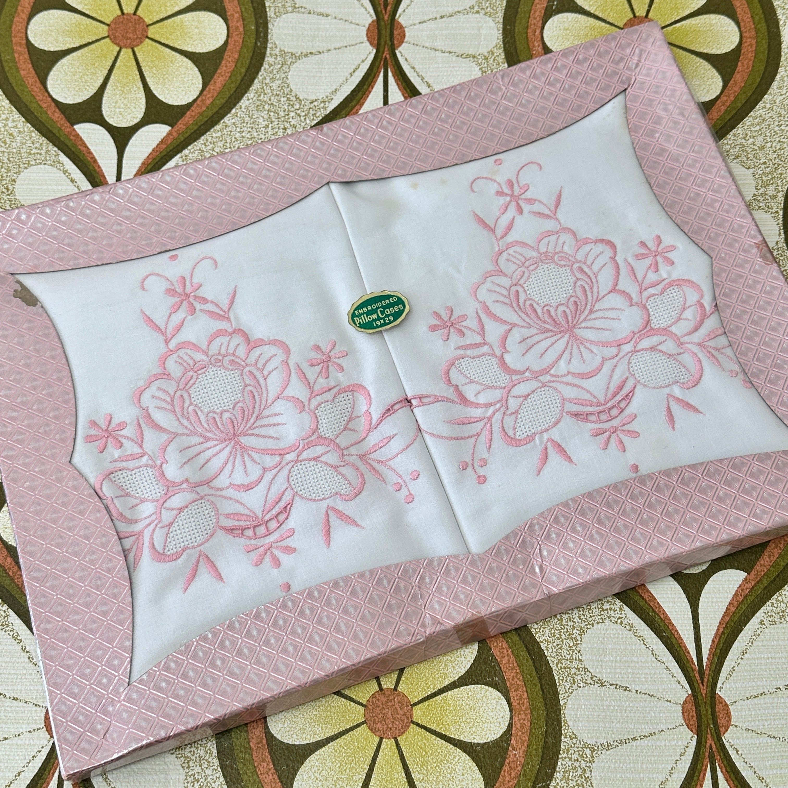 Boxed Vintage Embroidered Pillow Cases