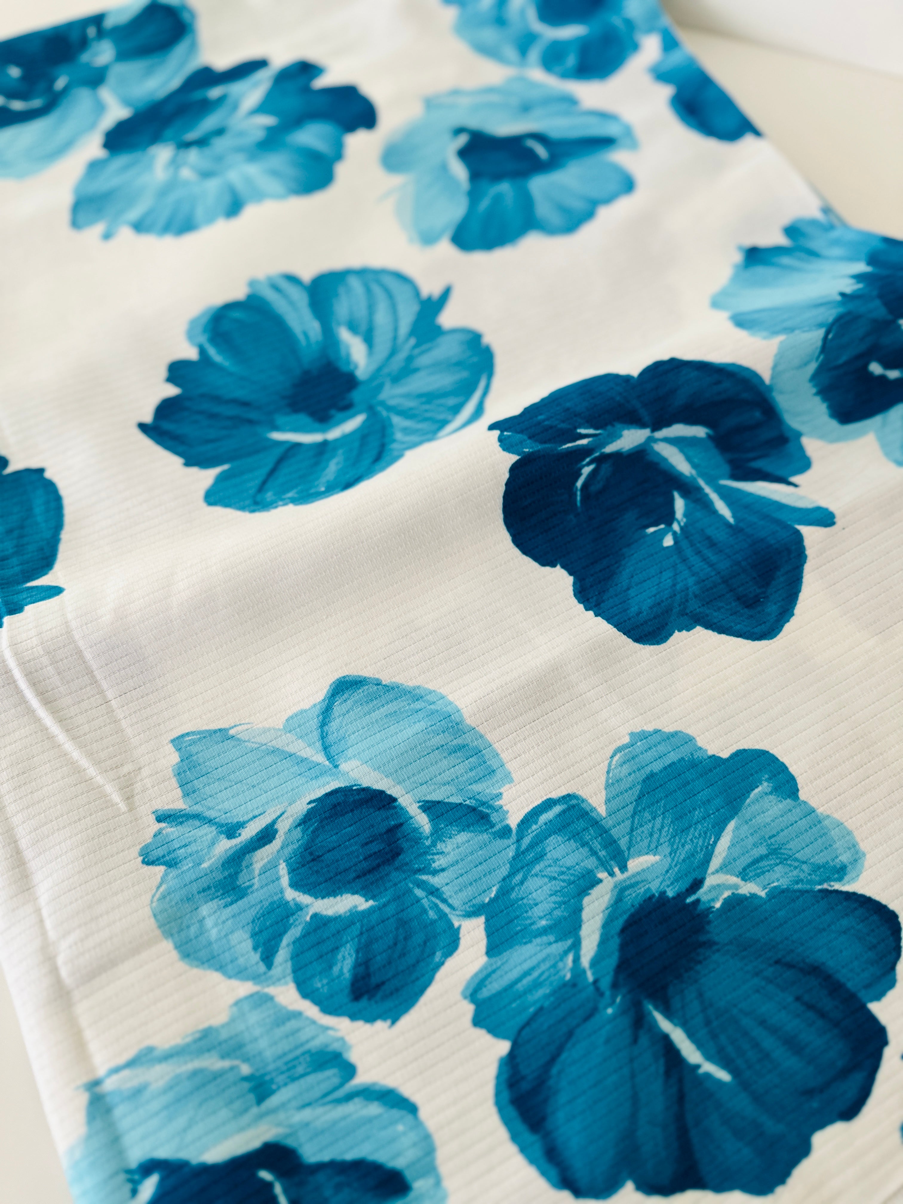 300cms Ribbed Large Bold Blue Floral Fabric