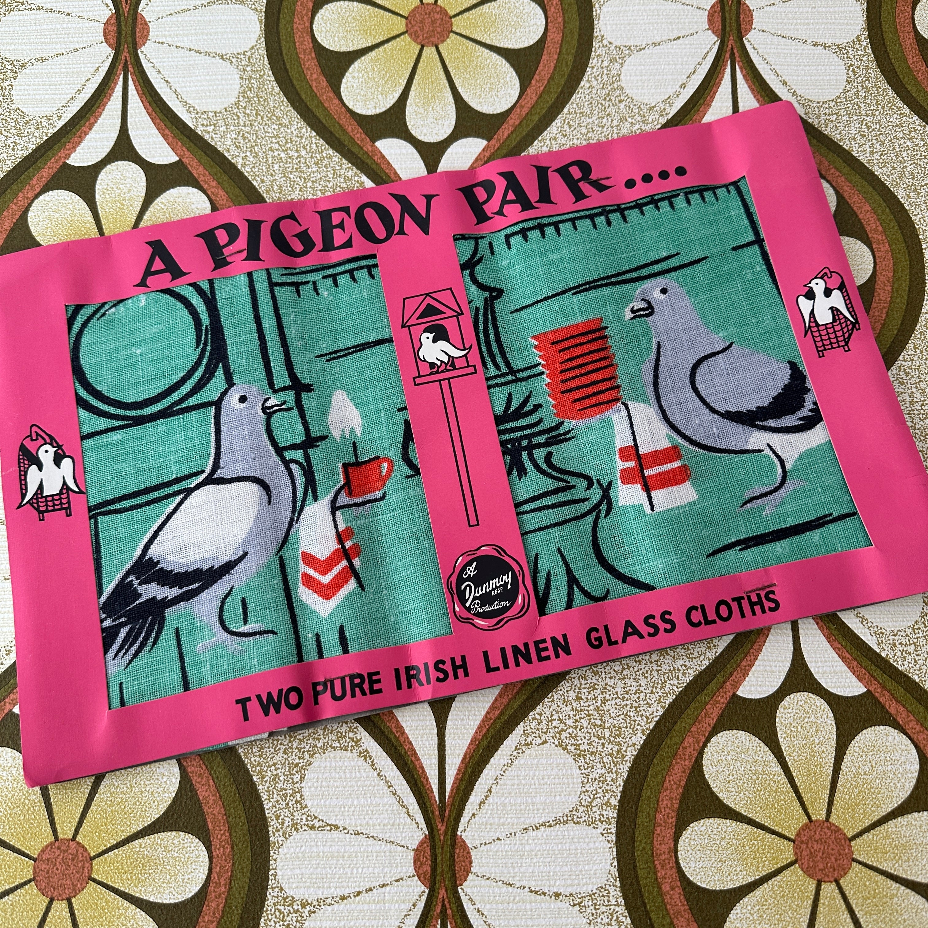 RETRO Vintage Irish Linen Tea Towels PIGEON PAIR