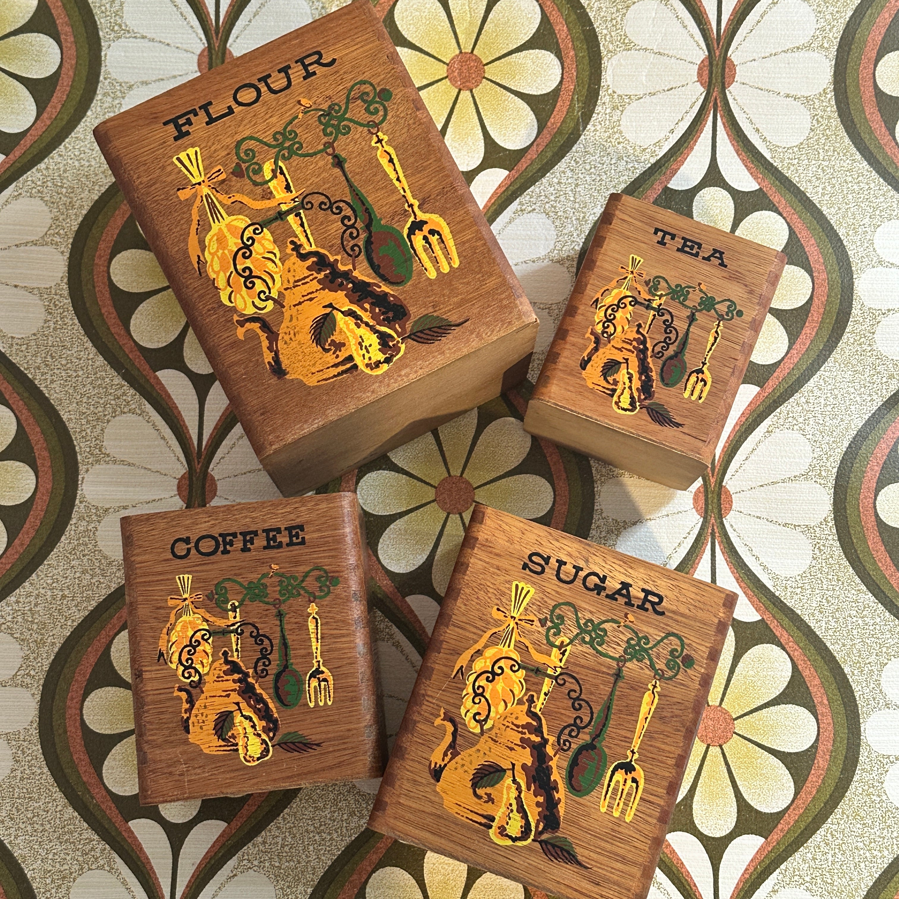 RETRO Set of Wooden Canisters FOUR Japan