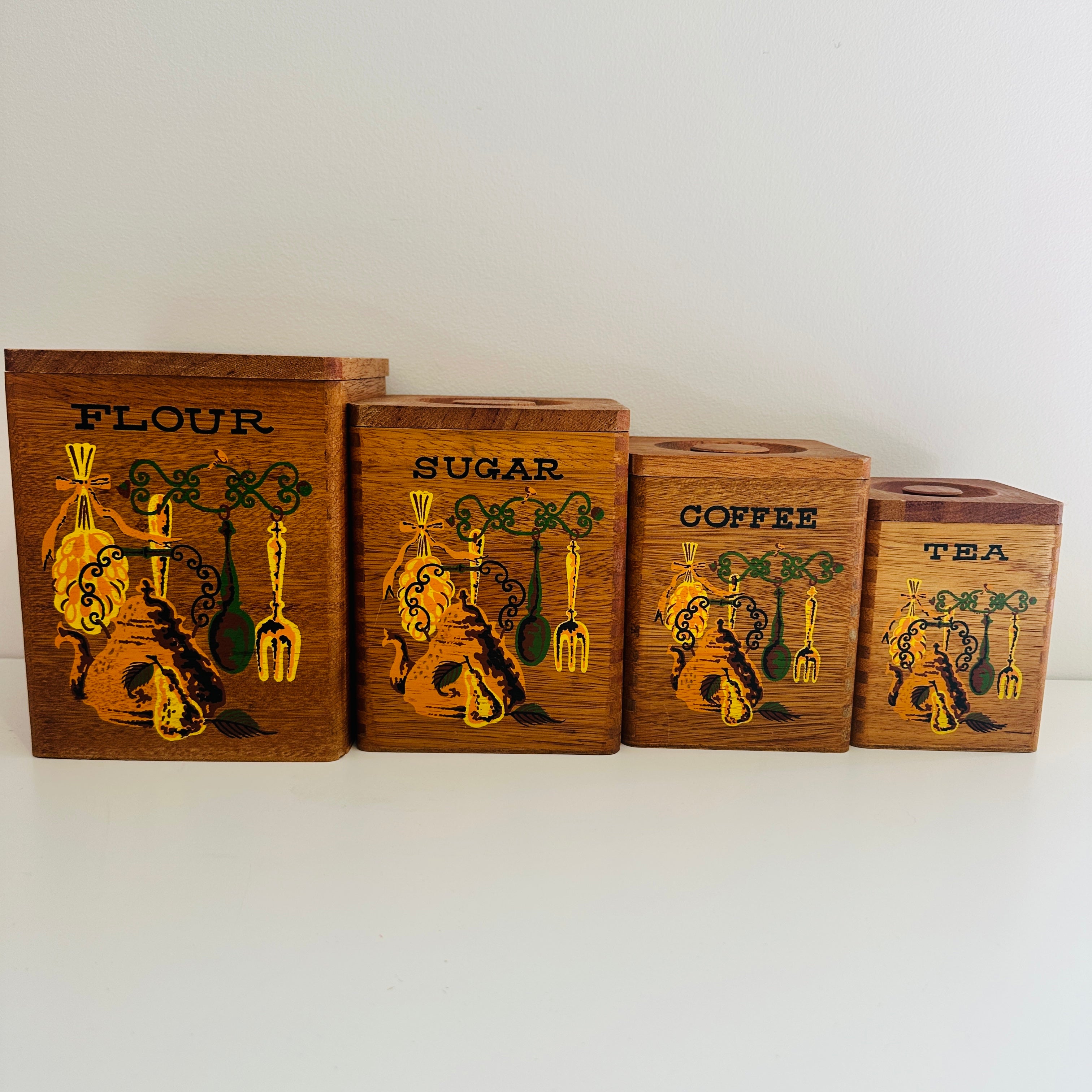 RETRO Set of Wooden Canisters FOUR Japan