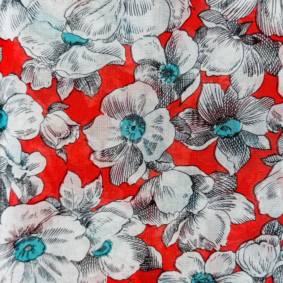 220cms Beautiful Red & White Floral Sheer Fabric