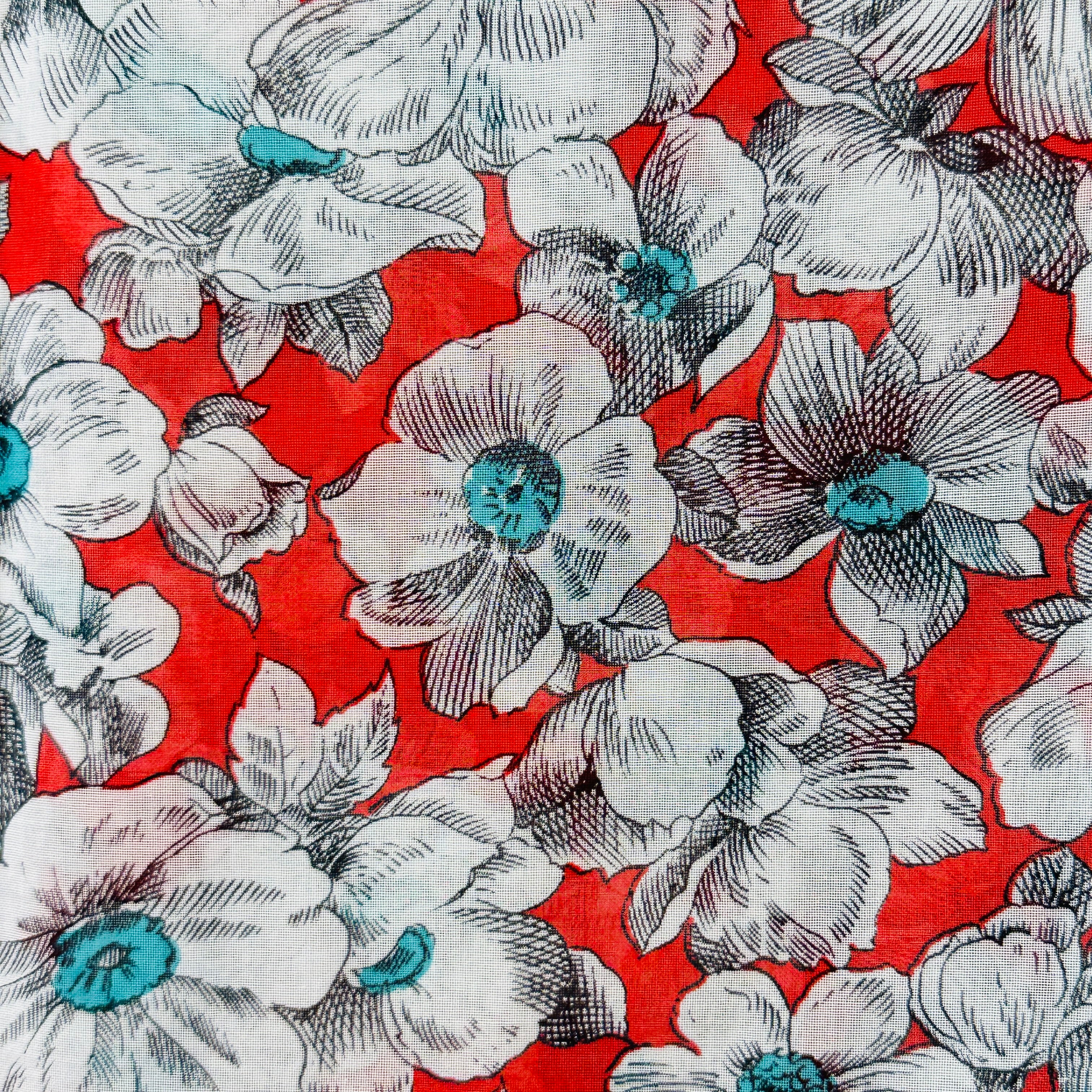 220cms Beautiful Red & White Floral Sheer Fabric