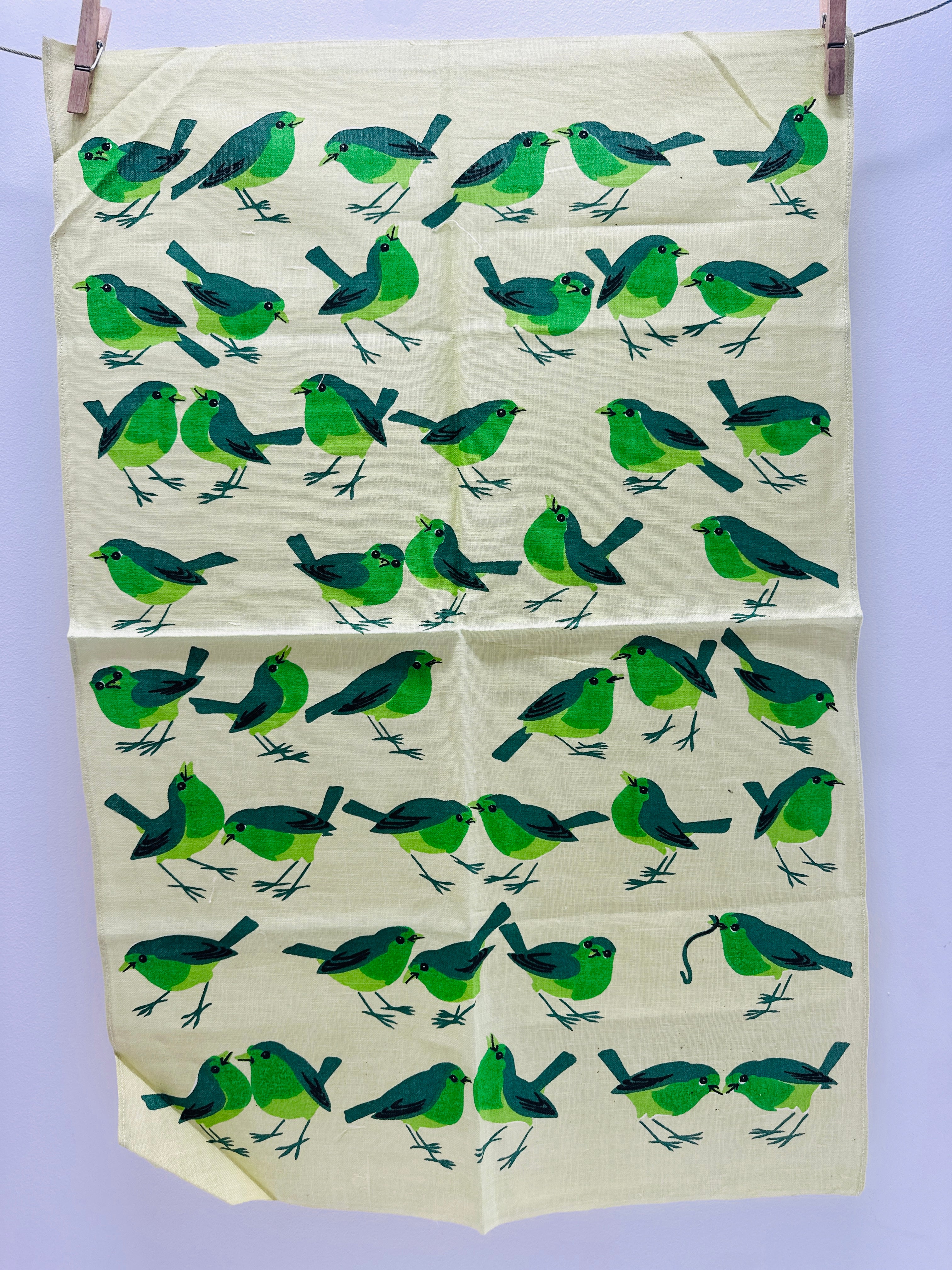 Sweet Vintage UNUSED Tea Towel Green Birds