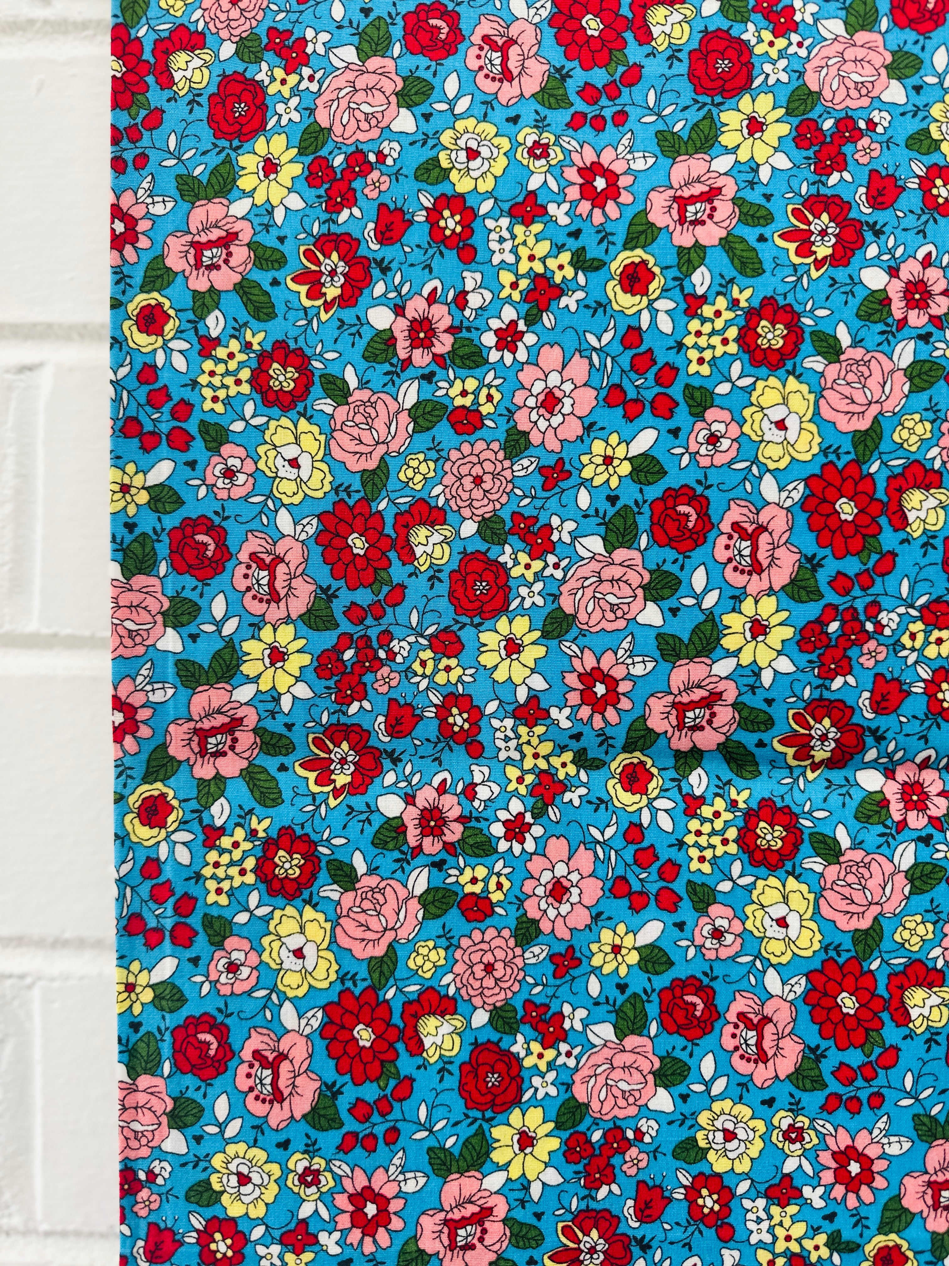 Sold by the Metre Cotton Bright Blue Floral Fabric