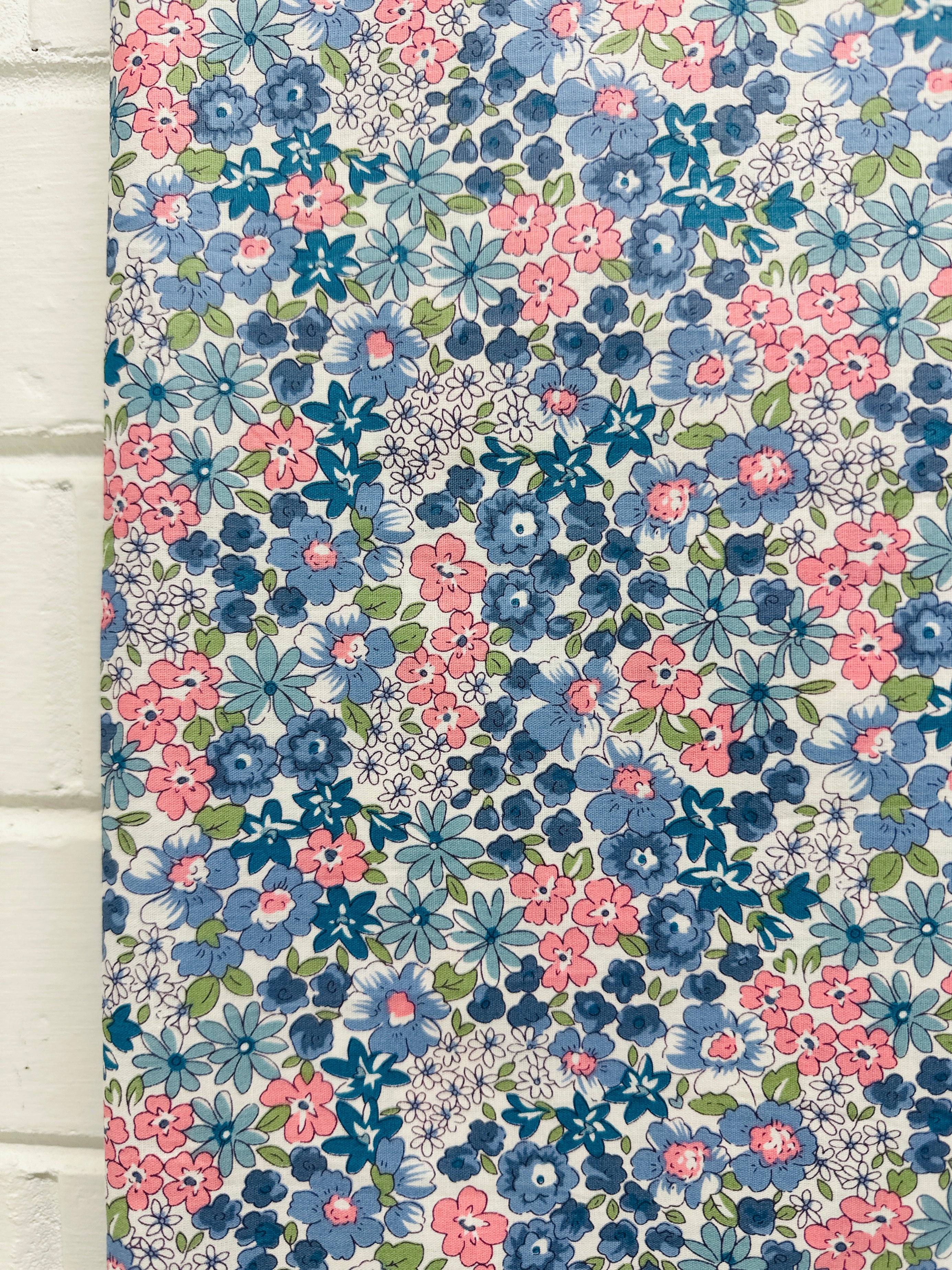 340cms Sweet Blues & Pinks Floral Cotton Fabric Modern