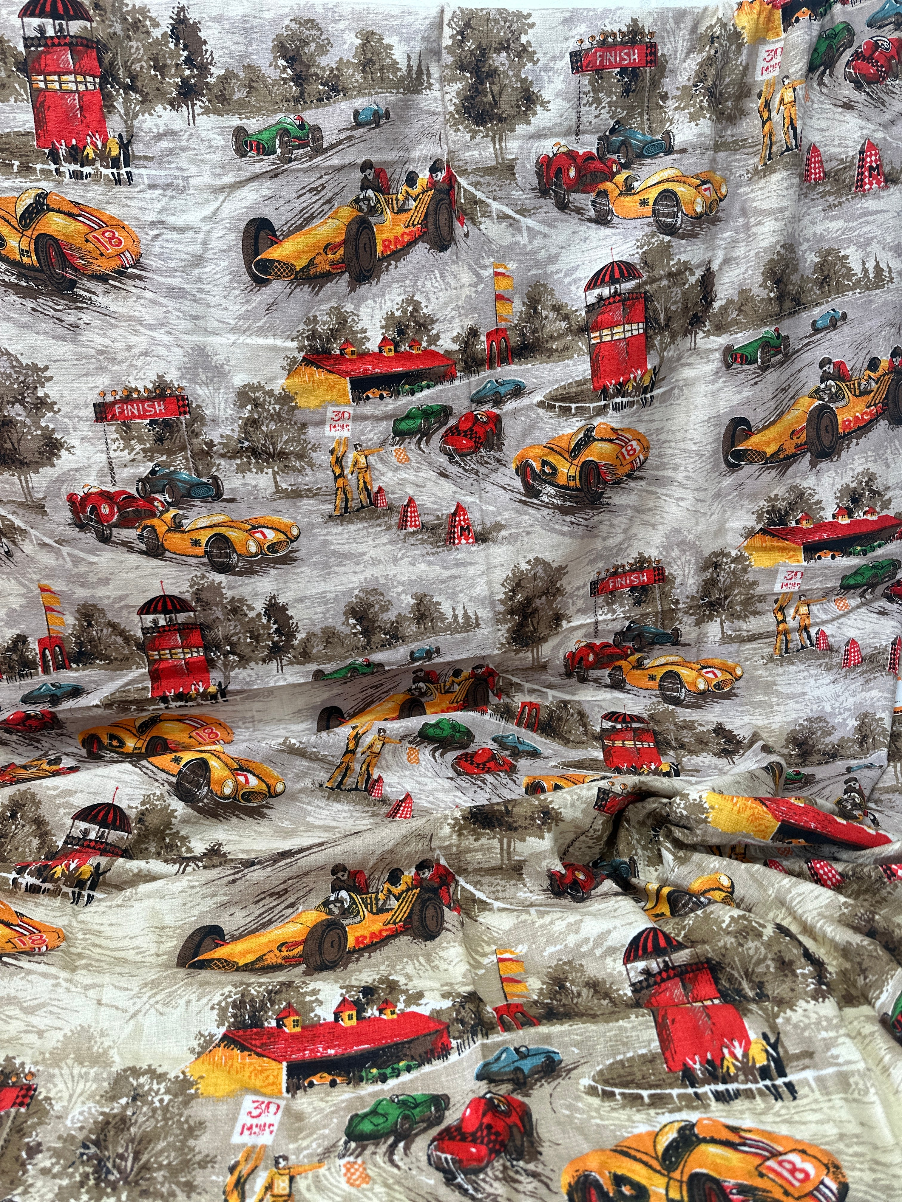 190cms Retro Curtain Panel Fabric Racing Cars