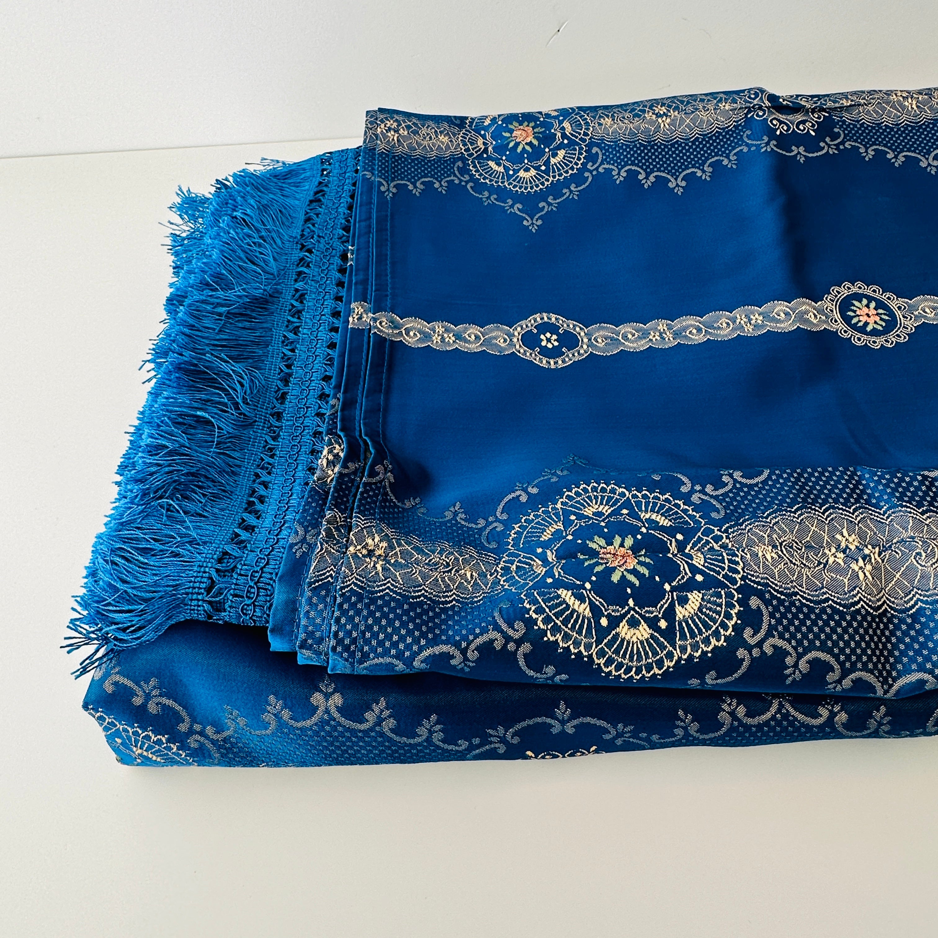 Unused Blue Brocade Bedspread FRINGE