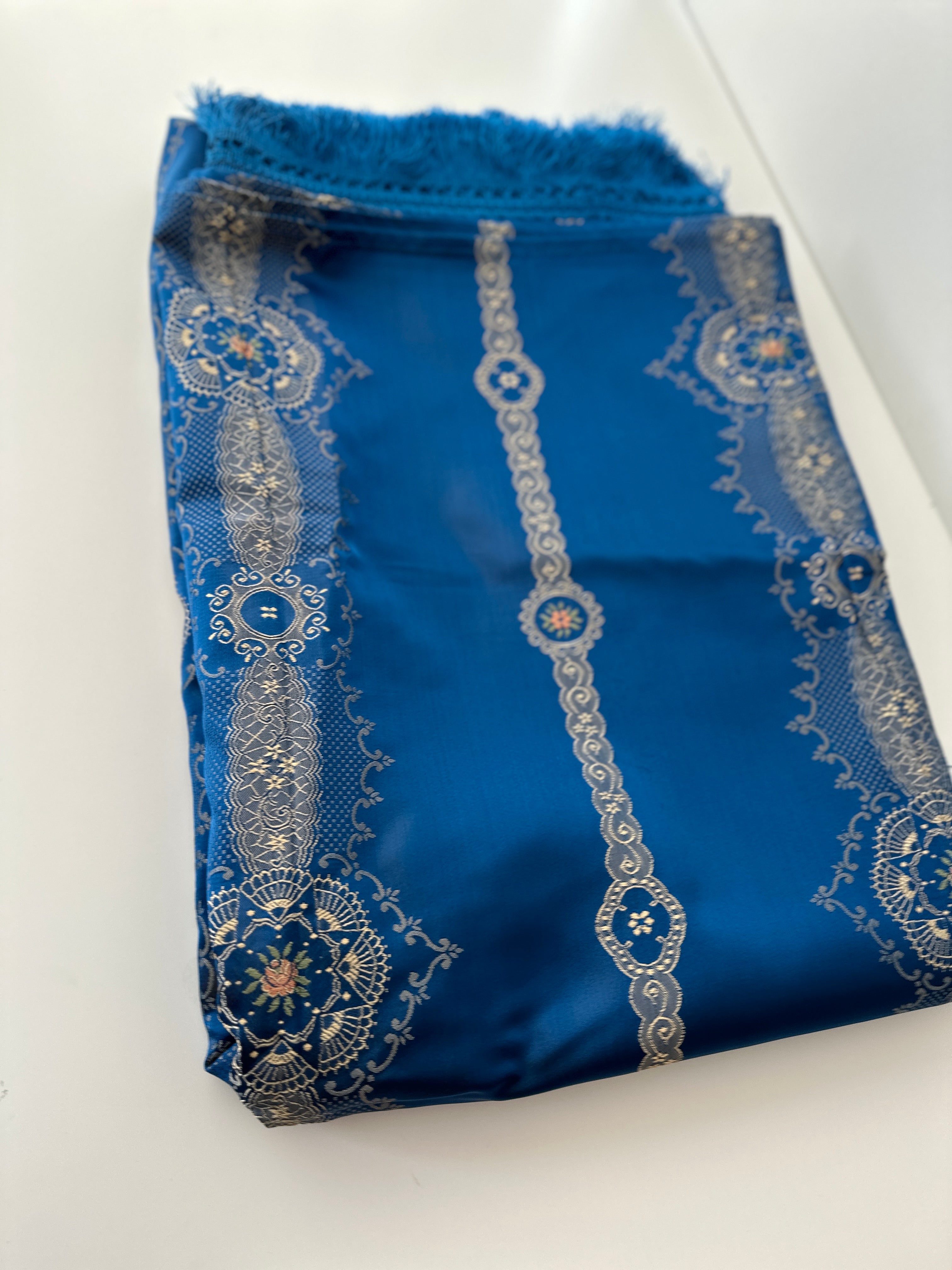 Unused Blue Brocade Bedspread FRINGE