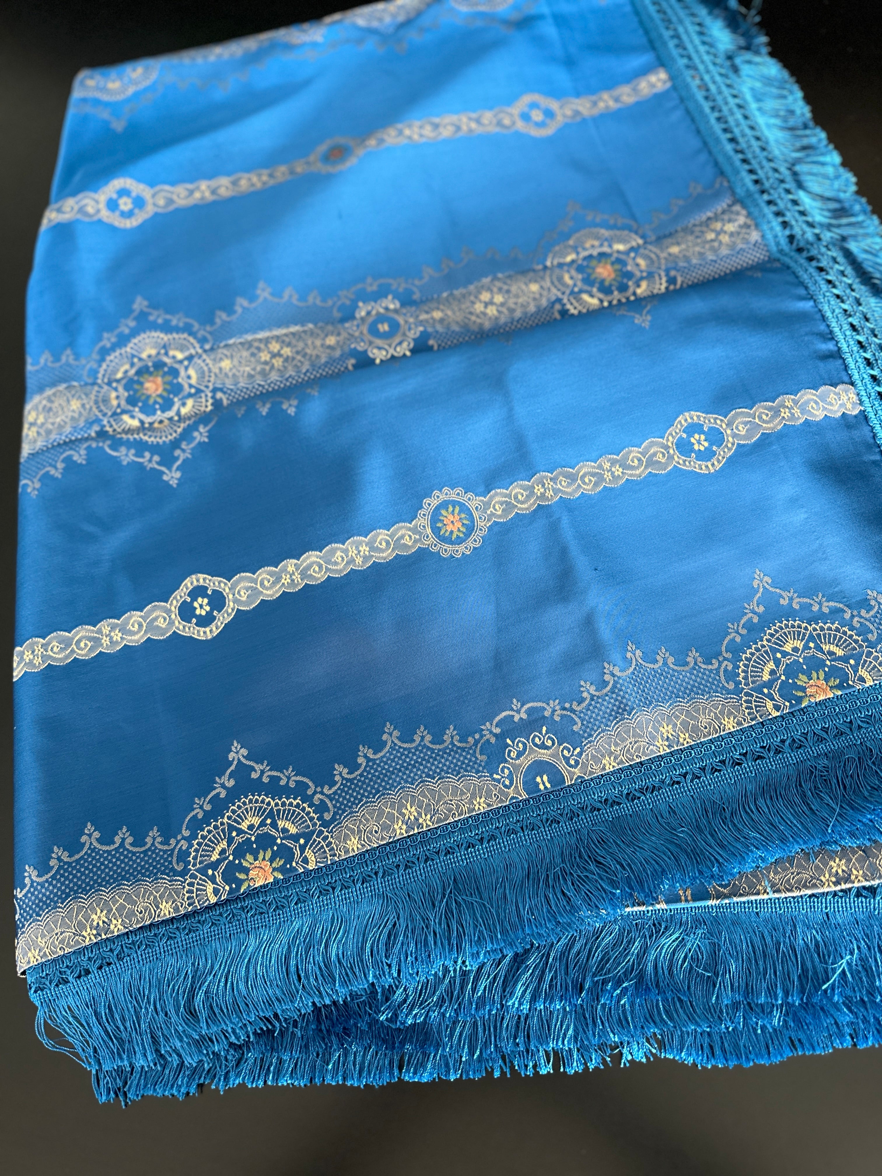 Unused Blue Brocade Bedspread FRINGE