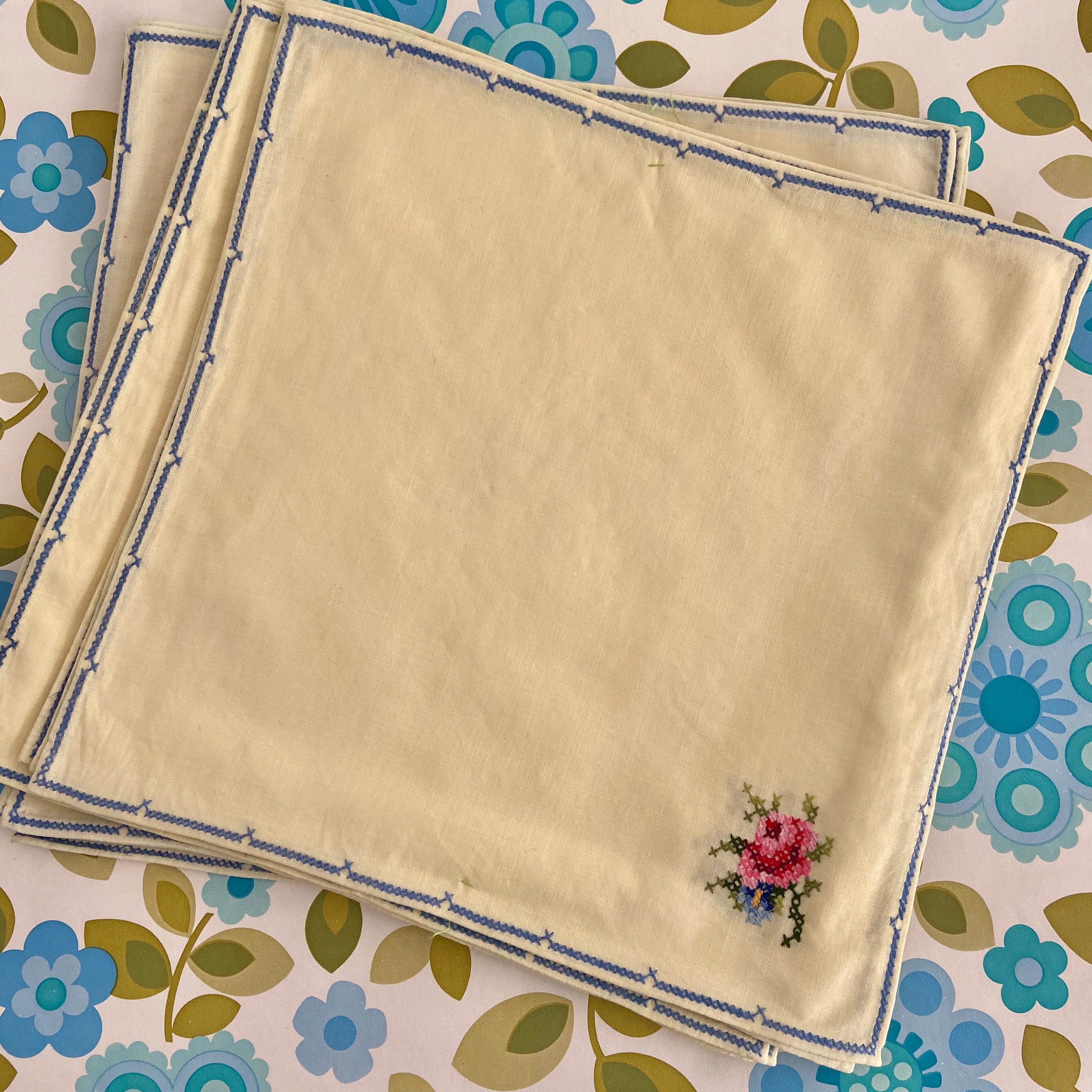 Vintage Set of Napkins Serviettes x 8 Cotton Petit Point