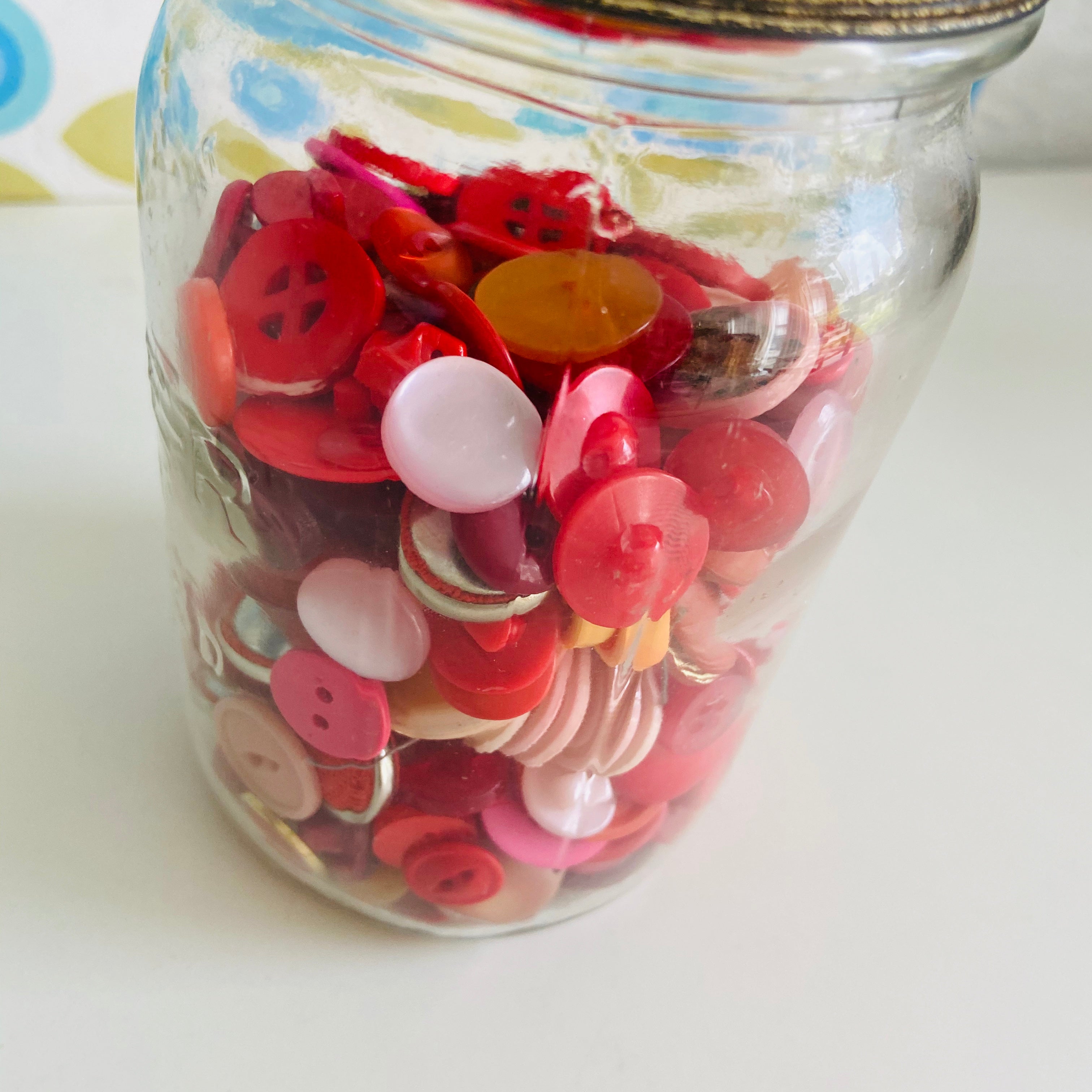 Cool Old Jar Full of Random Red & Pink Buttons