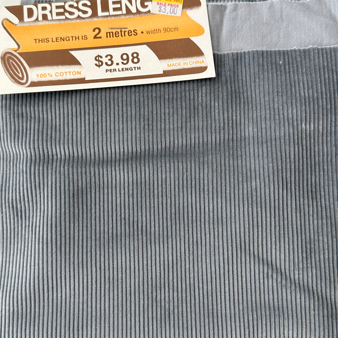 200cms nVINTAGE Grey Cord Fabric Original Labels