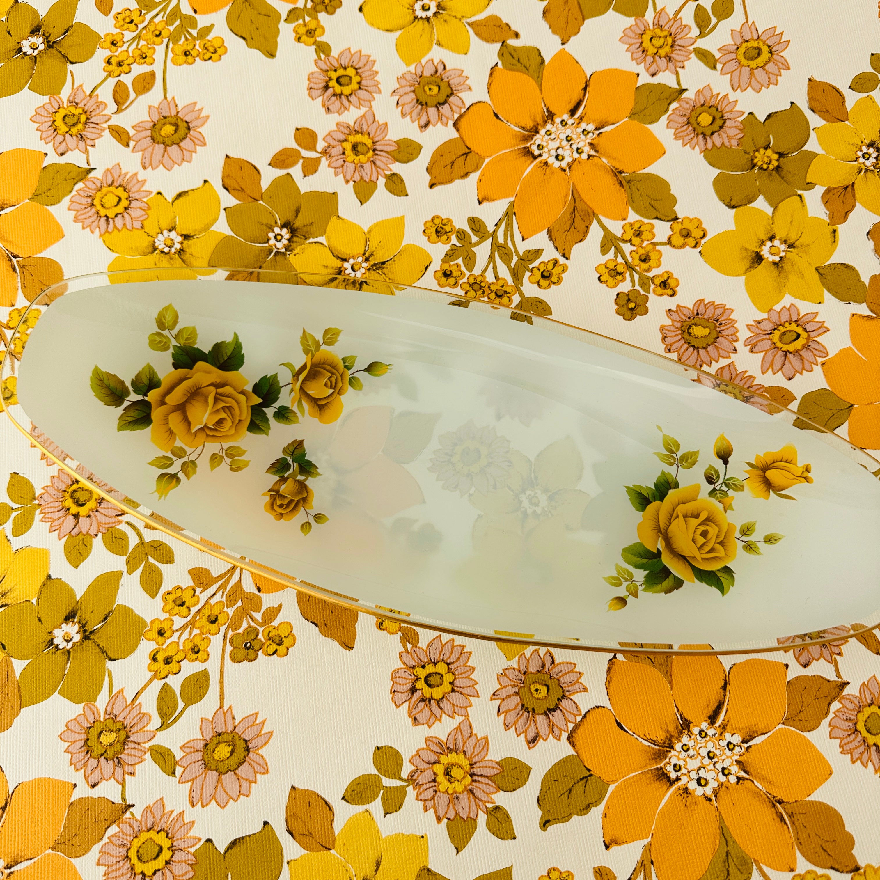Sweet Vintage Floral DISH Yellow Roses Glass
