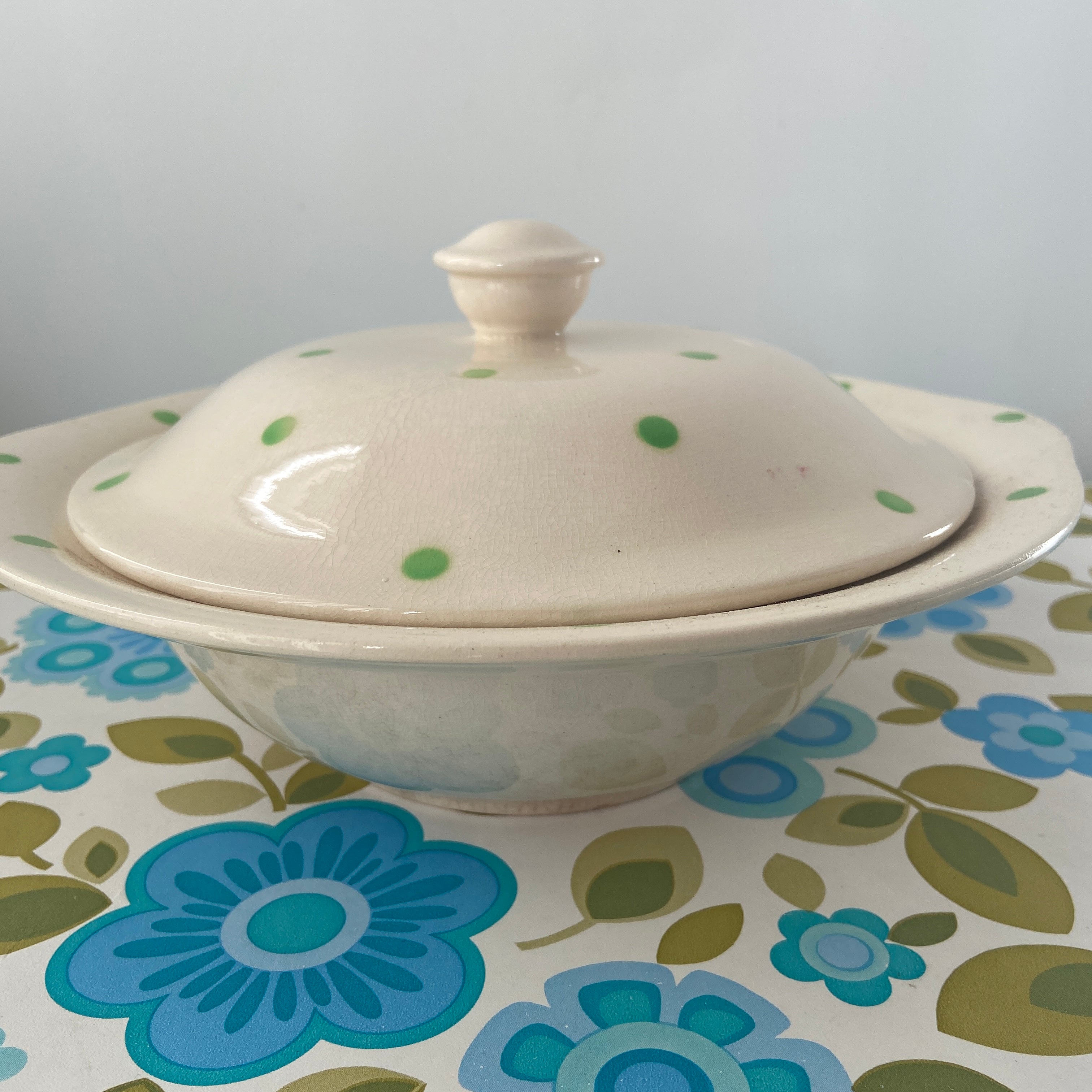 POLKA DOT Green Vintage Casserole Dish Country Home