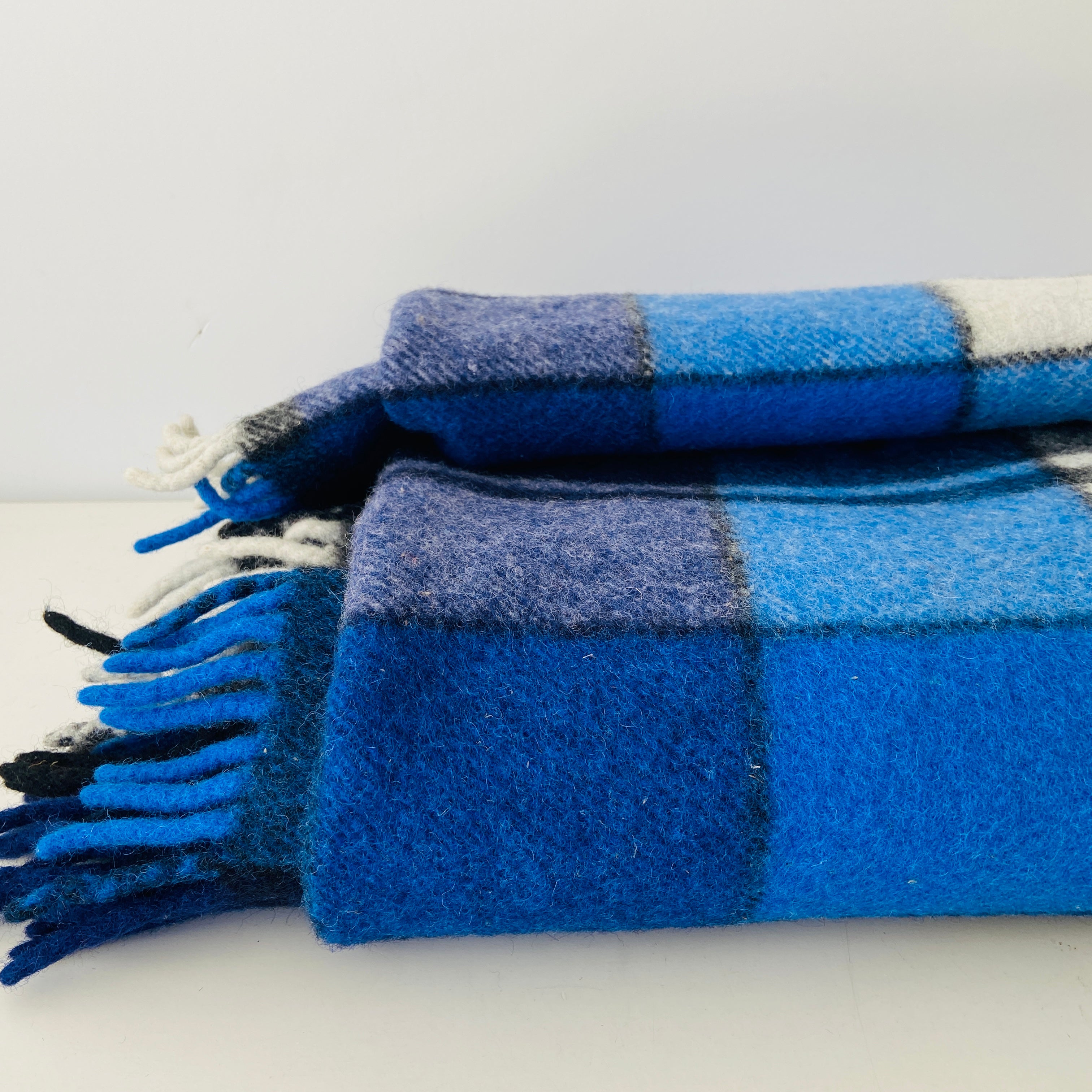 Vintage BLUES Checked Wool Caravan Blanket PICNIC Pink Peacock