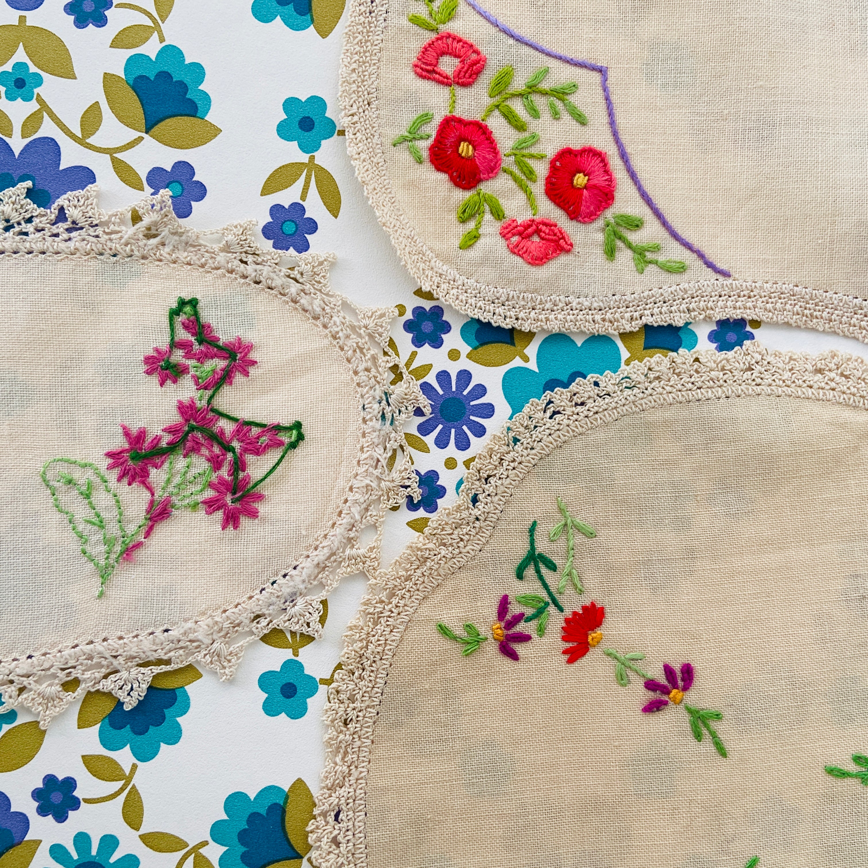 Several Vintage Crocheted & Embroidered Floral Doilies ~ Doiley