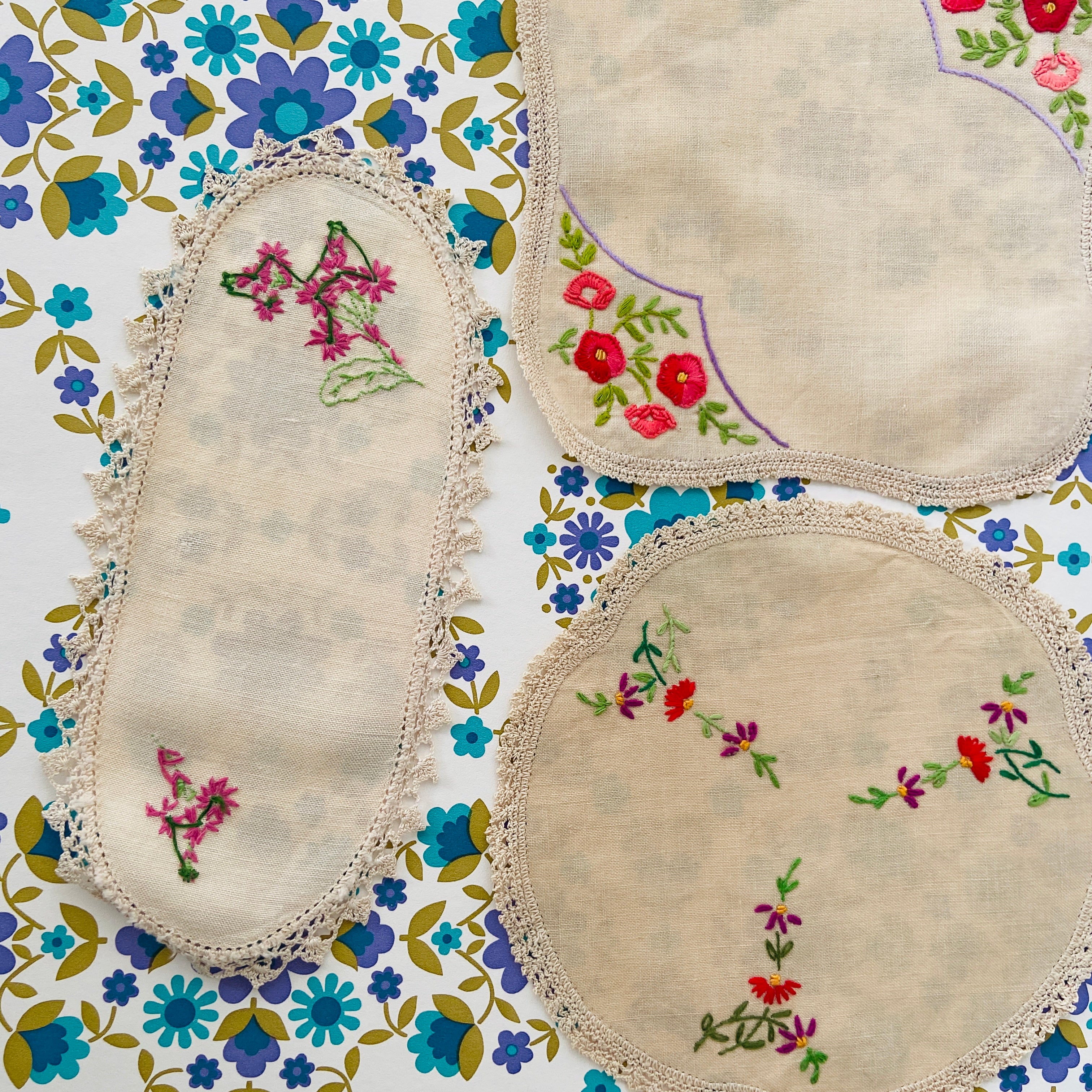 Several Vintage Crocheted & Embroidered Floral Doilies ~ Doiley