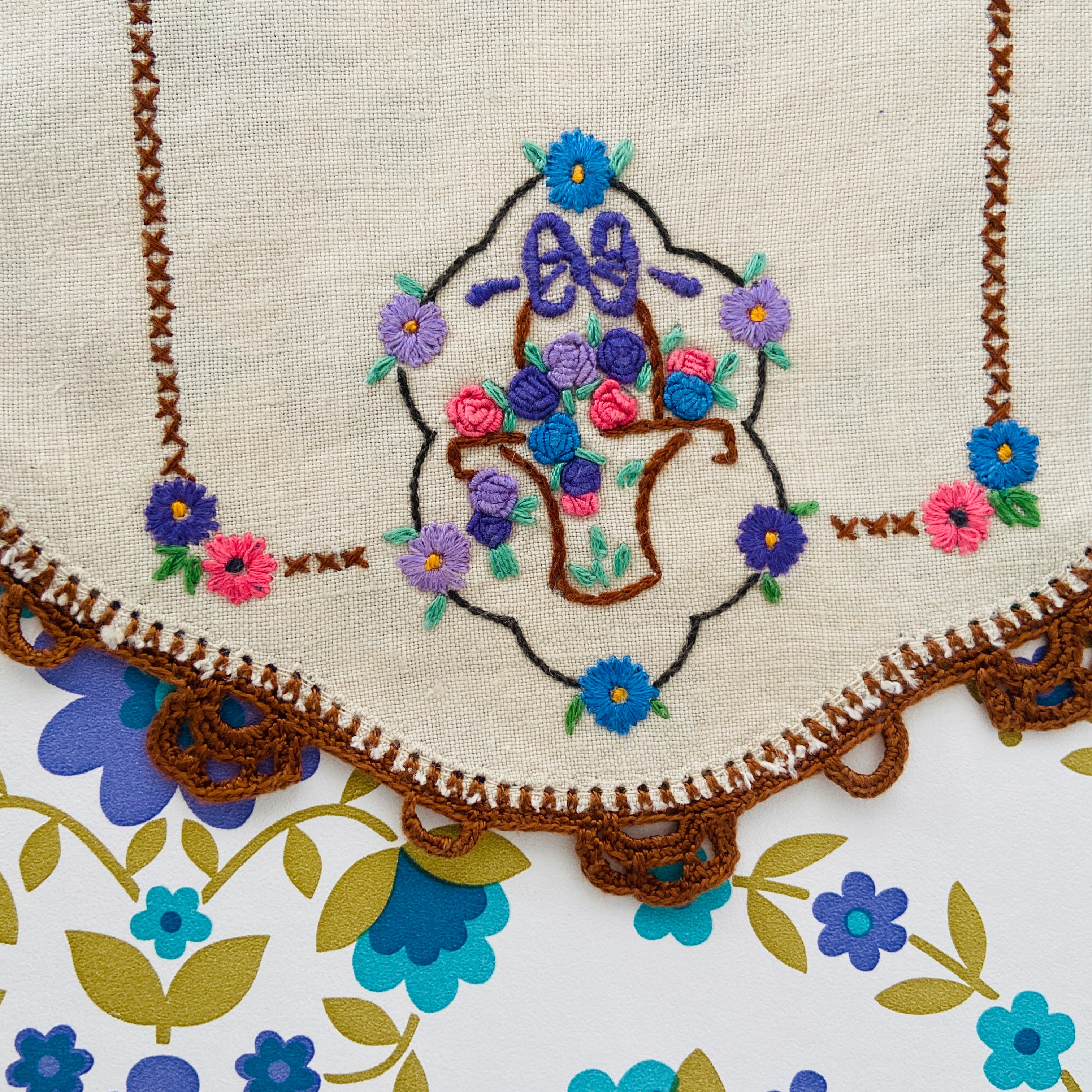 Vintage Crocheted & Embroidered Floral Doily