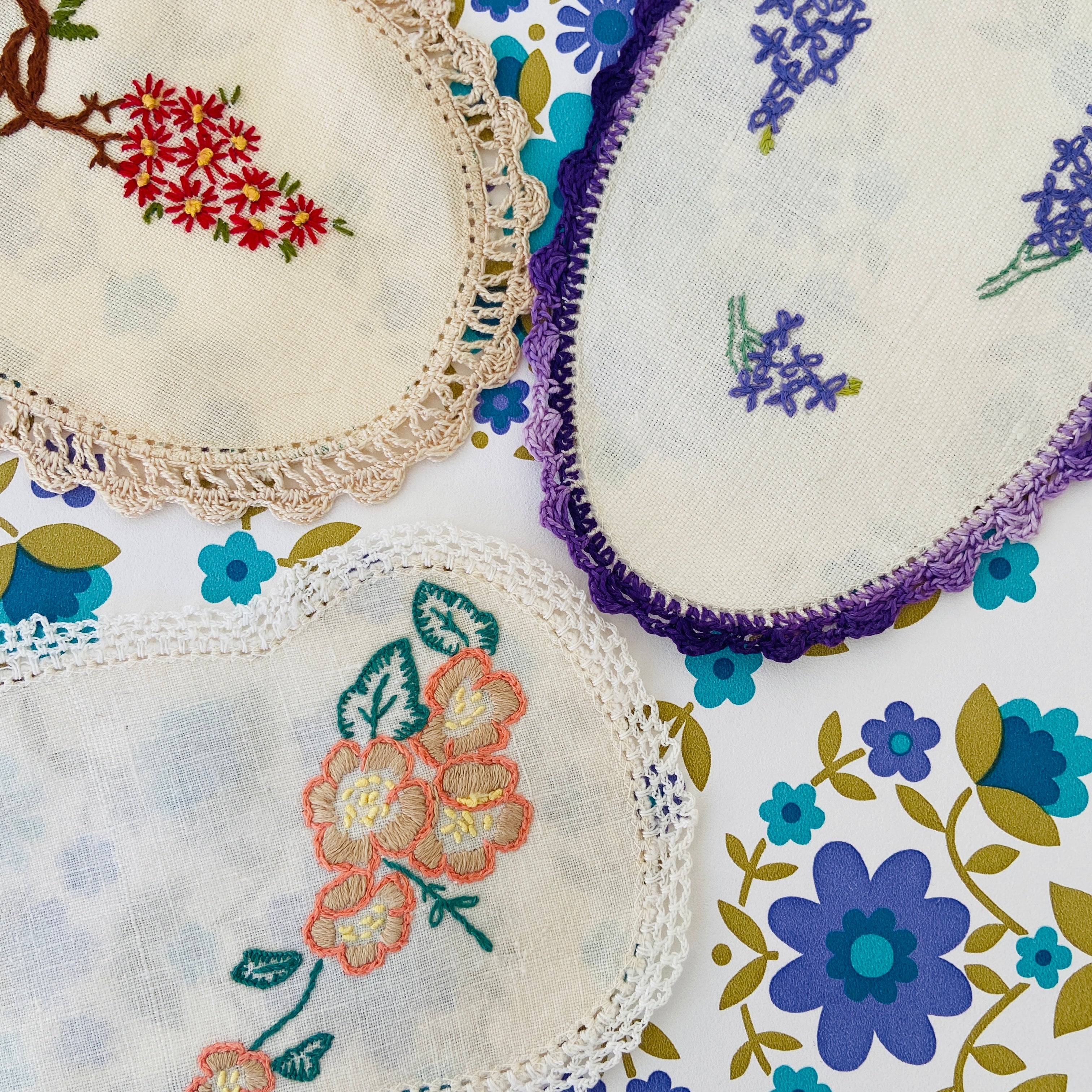 Several Vintage Crocheted & Embroidered Floral Doilies ~ Doiley CUTE