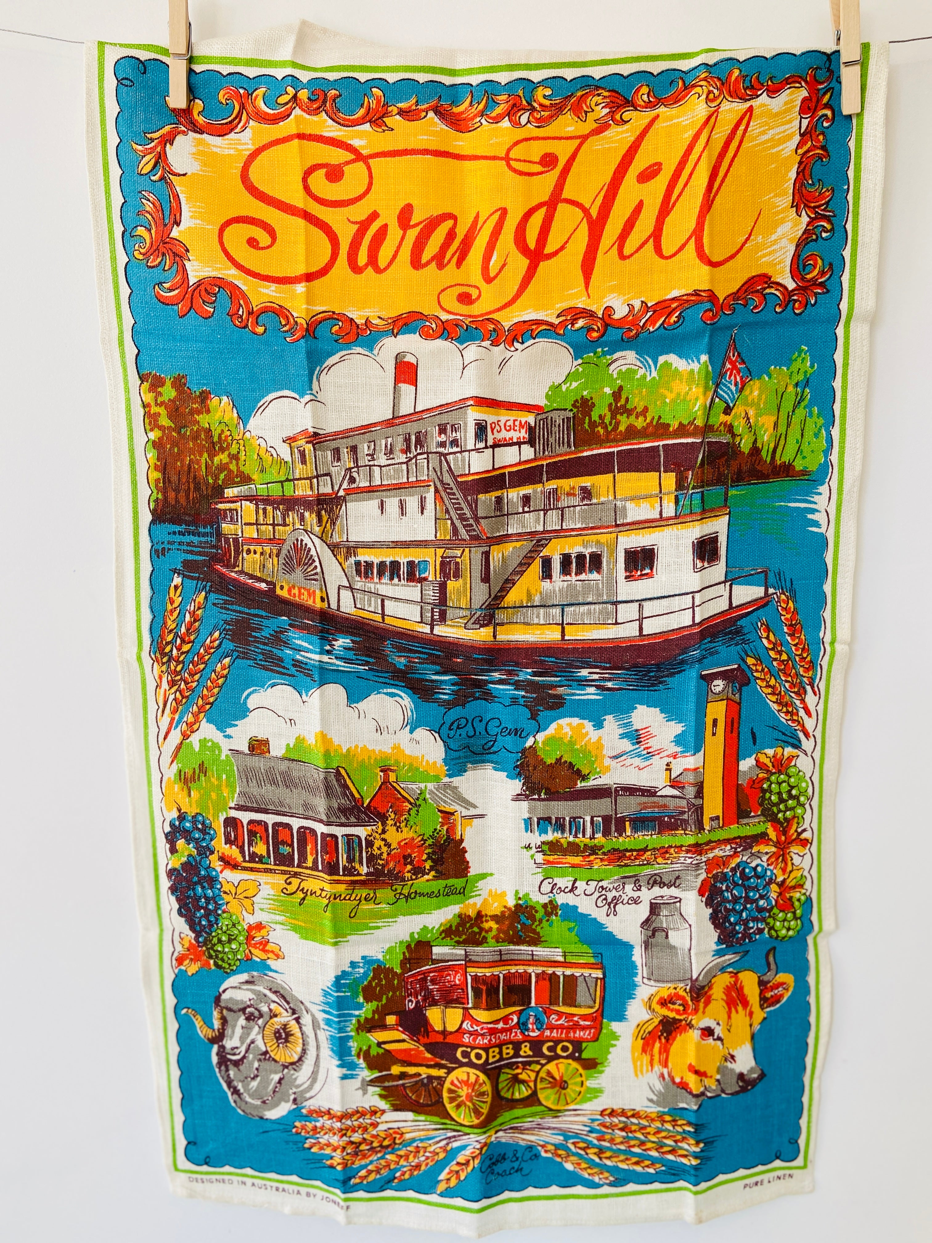 SWAN HILL Tea Towel Vintage Collectable Souvenir