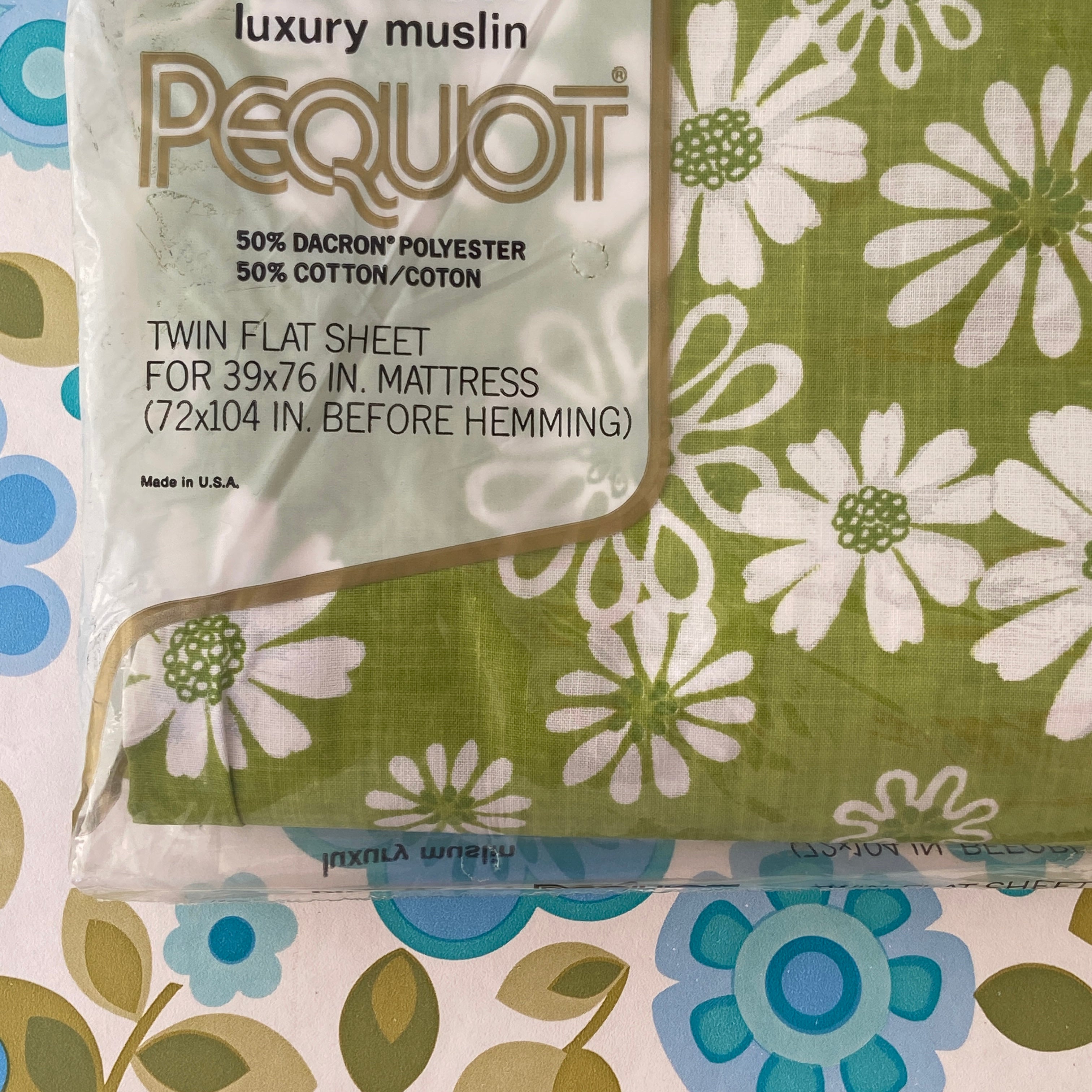 Vintage NOS Flat Sheet Cotton Green Floral