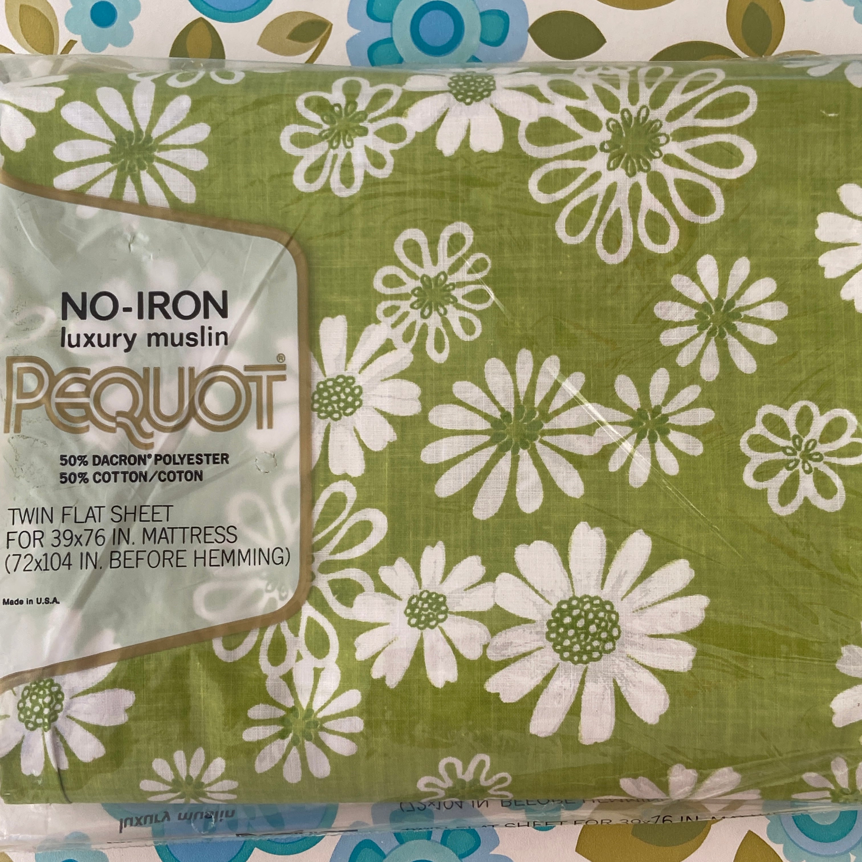 Vintage NOS Flat Sheet Cotton Green Floral