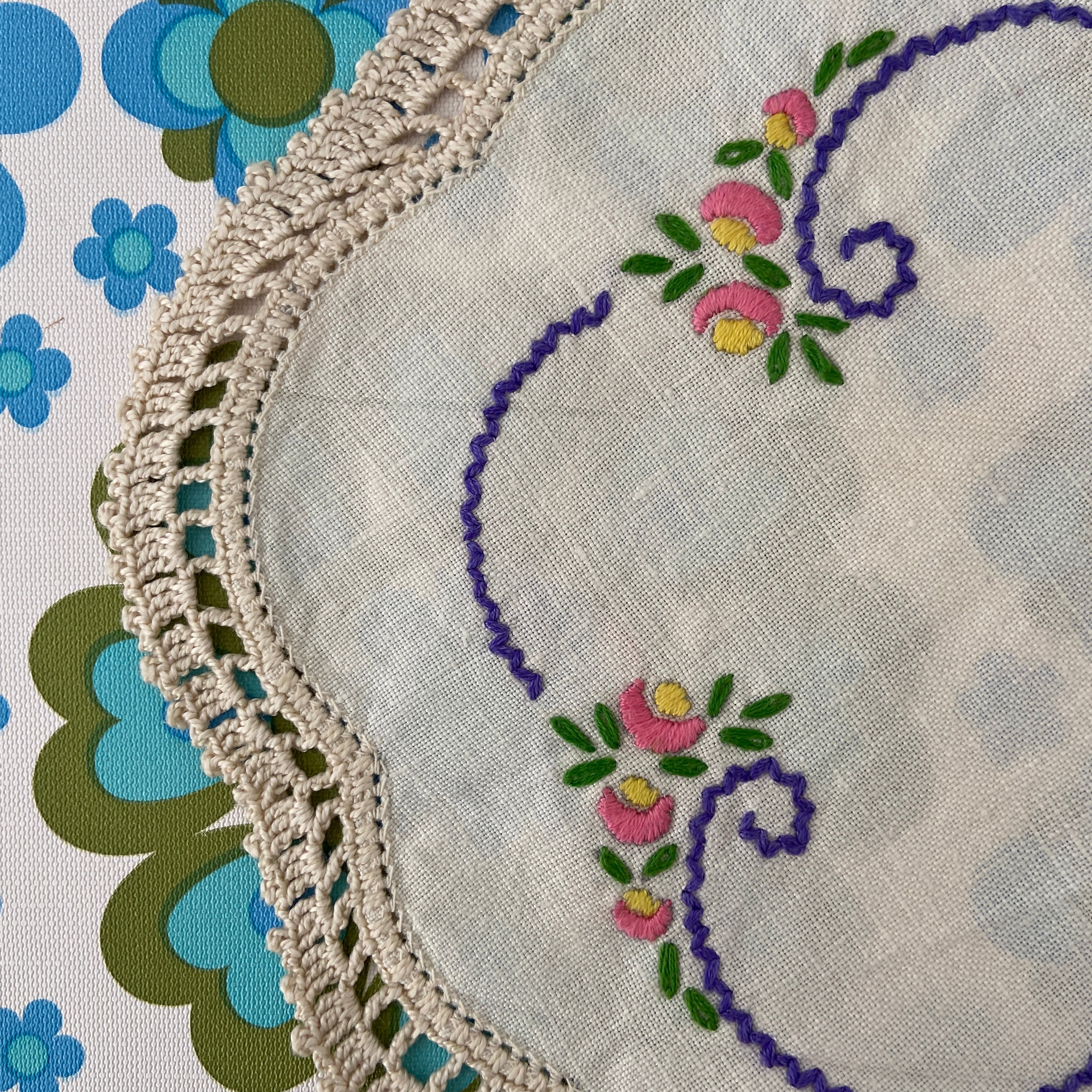 Vintage Crocheted & Embroidered Floral Doily ADORABLE Cute Sweet