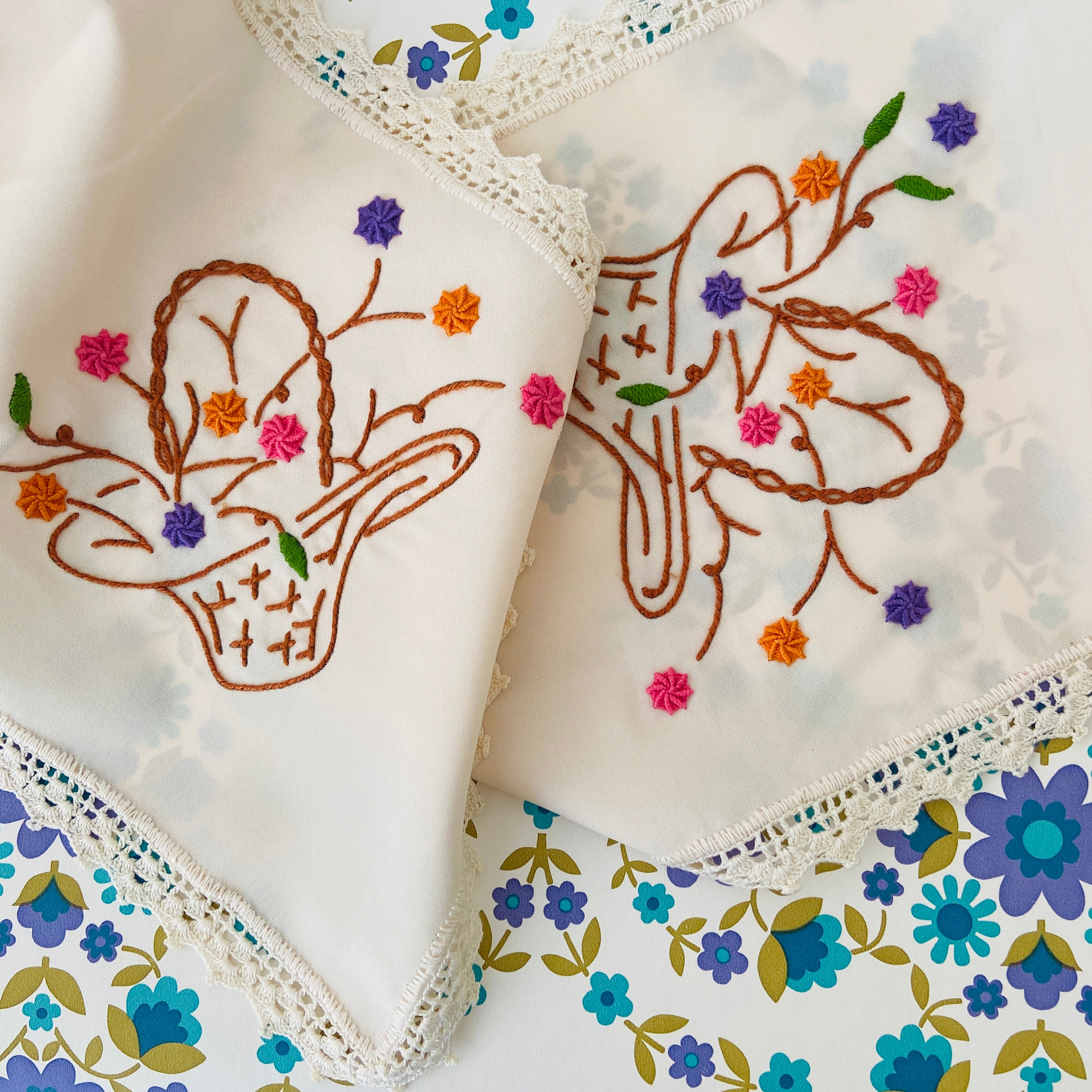 Pair of Embroidered Doilies Vintage Granny Decor